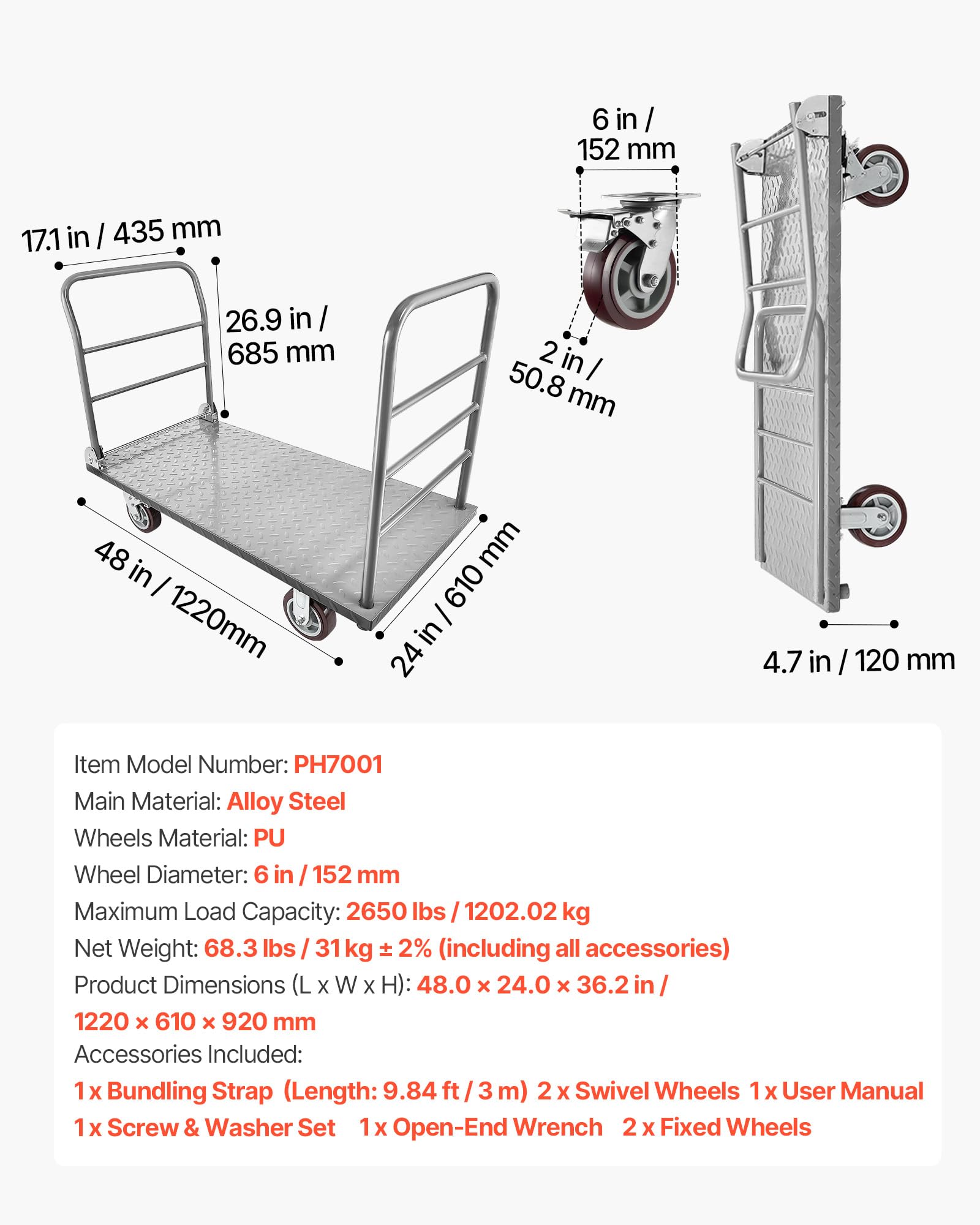 VEVOR Carrello da Trasporto a Piattaforma Capacità Carico max. 1202,02 kg, Carrello con Pianale Maniglia Doppia Pianale per Trasporto di Pacchi Merci Traslochi 1220 x 610 x 920 mm Ruote Girevoli