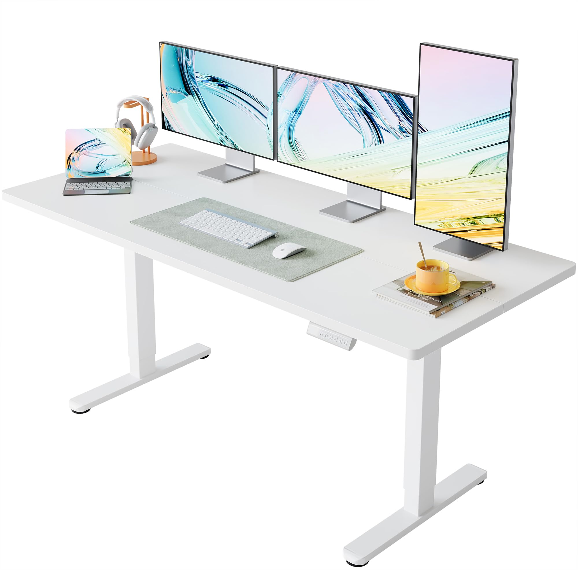 HUANUO Electric Standing Desk, 63 x 24 Inch Height Adjustable Computer Desk with Storage Bag, 4 Height Memory Settings, Sit Stand Up Desk for Home Office, White