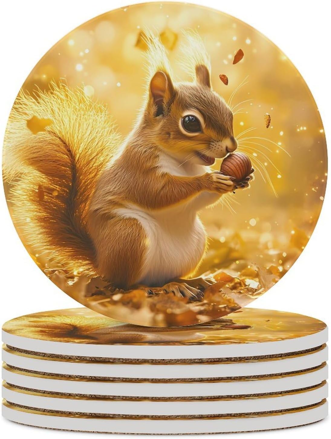 Squirrel with Long Tail Round Ceramic Coasters Print Drinks Absorbent with Cork Base for Home Decor Gifts 4 Inch
