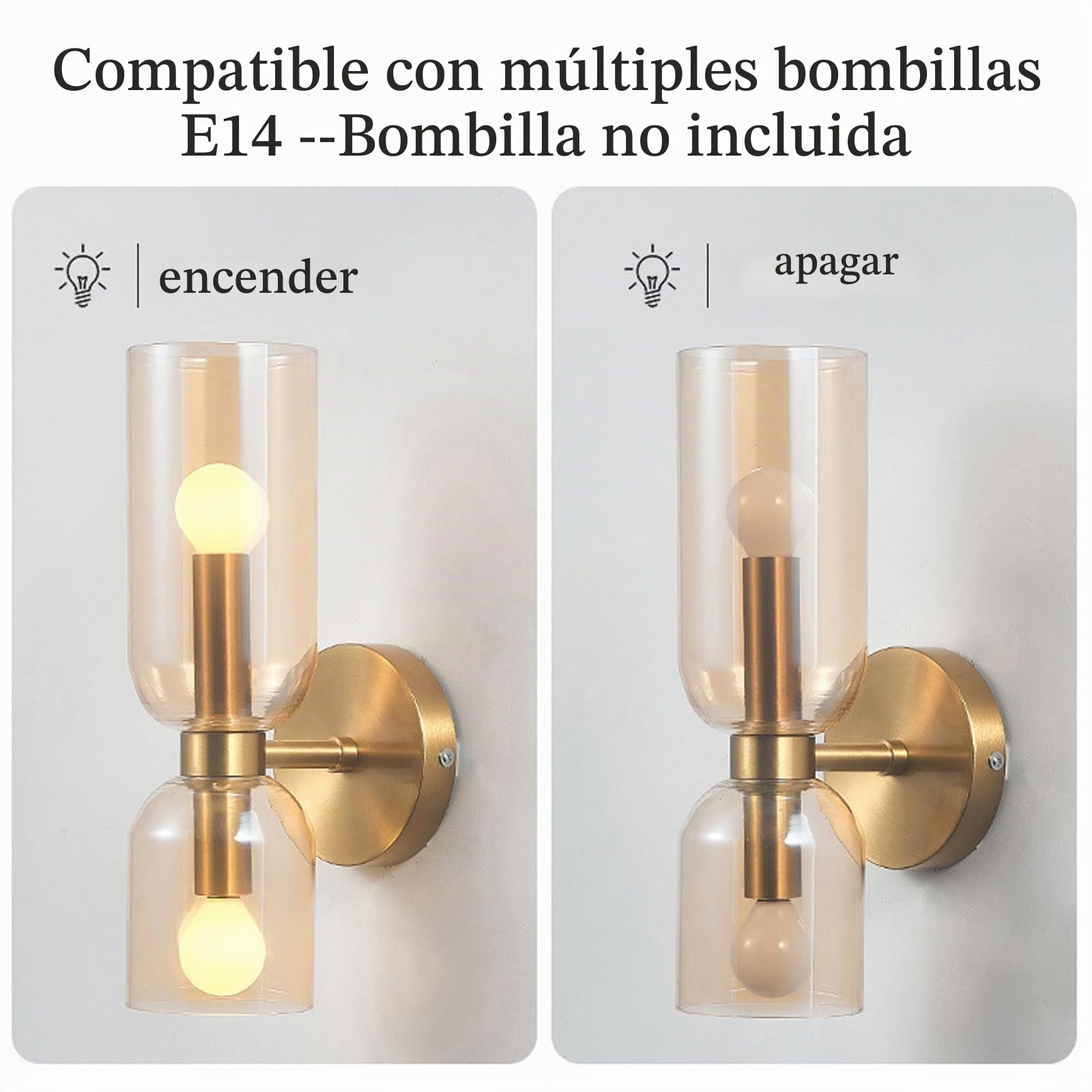 EKSED Aplique de Pared Moderno con Pantalla de Vidrio Soplado Asimétrico – Lámpara de Pared con Luz Arriba y Abajo y Casquillo E14 para Dormitorio Pasillo Baño (dorado)