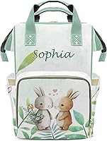 Vista 1 de Linda mochila de pañales con diseño de conejo de hoja verde con nombre, bolsa multifunción de gran capacidad para mamá, papá, unisex, niño y niña
