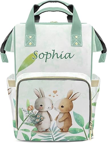 Linda mochila de pañales con diseño de conejo de hoja verde con nombre, bolsa multifunción de gran capacidad para mamá, papá, unisex, niño y niña,