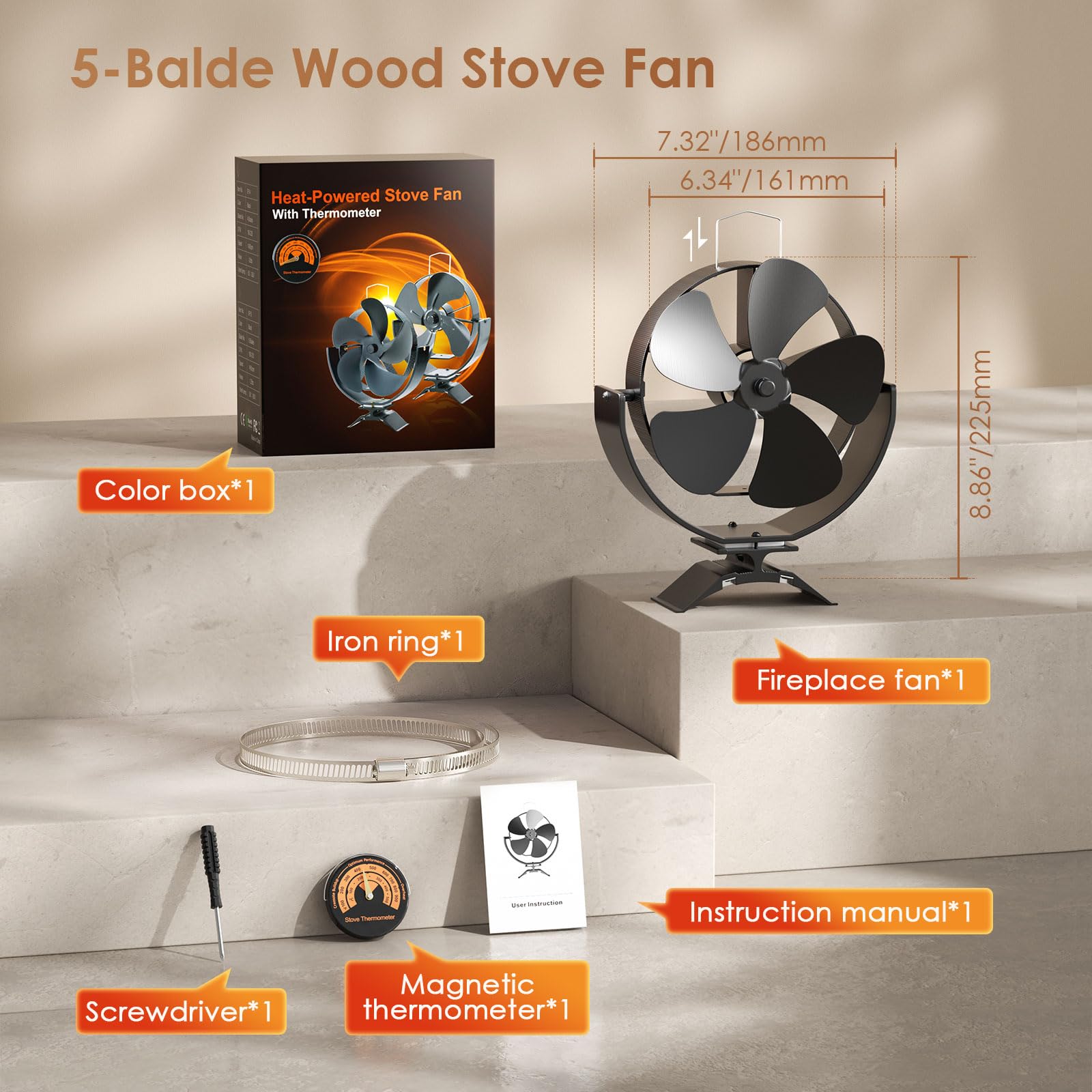 3 IN 1 Ventilatore per stufa a legna 5 lame Ventilatore 180° rotazione magnetico per bruciatori di legna Ventilatores per caminetto alimentato dal calore