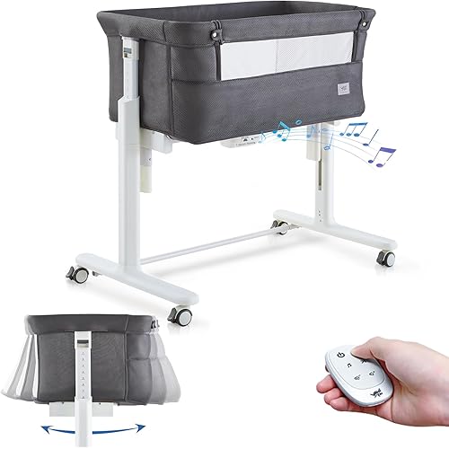 Rocking Bassinet for Baby Automatic Bedside Crib Electric Cradle 5 Heights Adjustable Bedside Sleeper for Babies Infant Smart Auto Rocking Crib 3 in 1 Bassinet on Wheels, Dark Grey