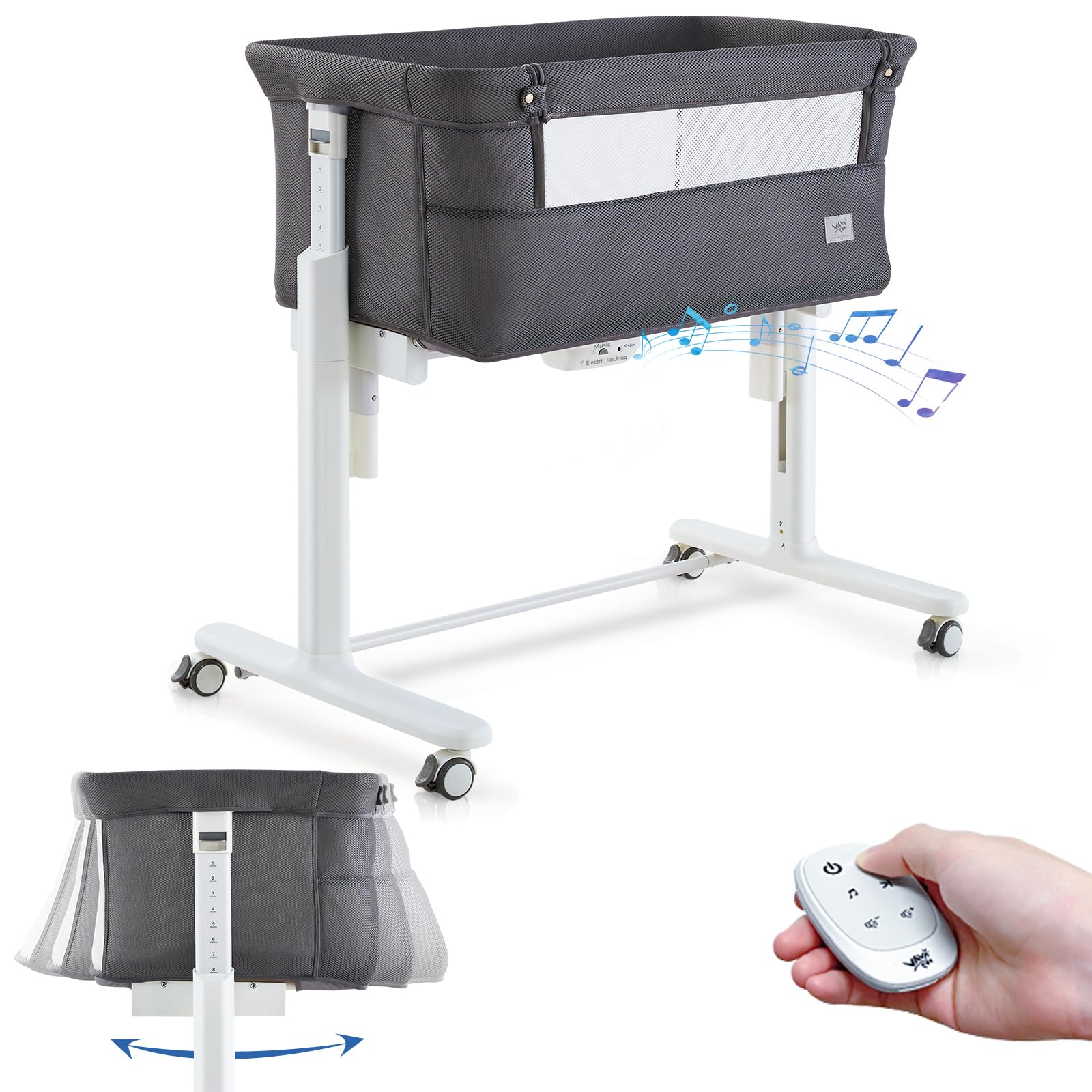 Rocking Bassinet for Baby Automatic Bedside Crib Electric Cradle 5 Heights Adjustable Bedside Sleeper for Babies Infant Smart Auto Rocking Crib 3 in 1 Bassinet on Wheels, Dark Grey