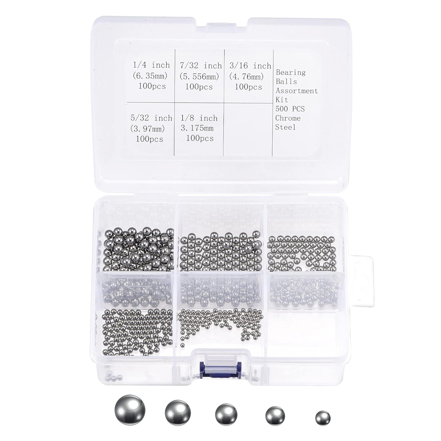 uxcell 500pcs 5 Size Bearing Balls Assortment 316L Stainless Steel 1/4" 7/32" 3/16" 5/32" 1/8" with Storage Box