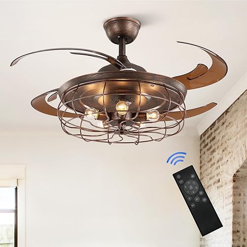 Miniatura 6 de CROSSIO Ventilador de techo retráctil de 48 pulgadas con luces, lámpara industrial oxidada inversa con control remoto para sala de estar, comedor y