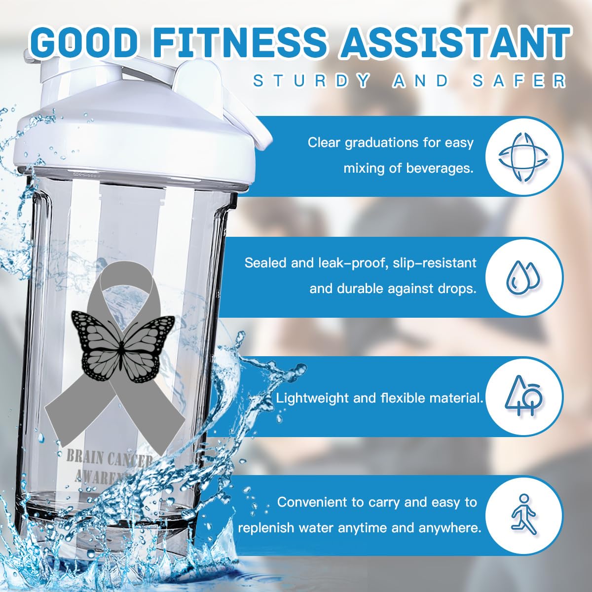 Brain Cancer Awareness 18 Ounce Shaker Bottle Drink Mixer Leak-proof Pre Workout Protein Shakes Meal Replacement Shakes Bottles 500ML/18 Oz White-1-2