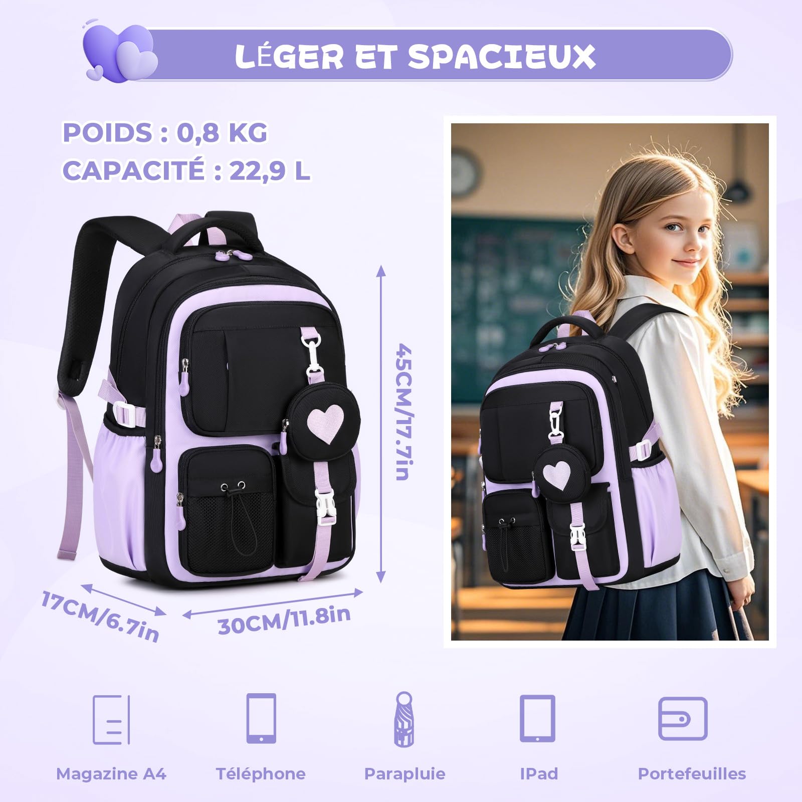 Sisipoet Cartable Fille Primaire, Sac à dos Enfant Respirant avec Bandes Réfléchissantes, Sac d'école Ergonomique Portefeuille Amovible, Sac à dos Adolescent Fille Léger pour École et Voyage - 3