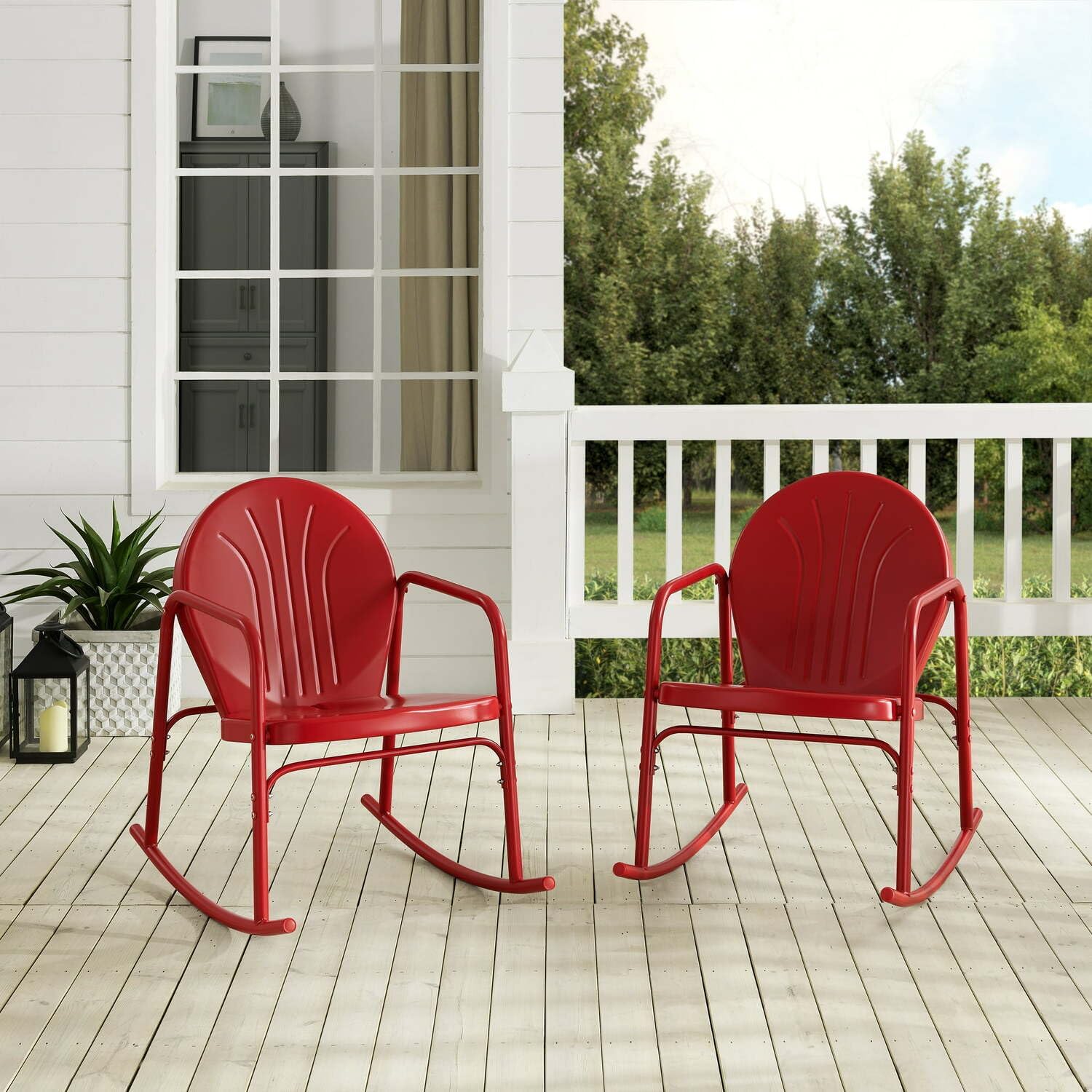 Old World Charm 2Pc Retro Outdoor Metal Rocking Chair Set - Bright Red Gloss - 2 Rocking Chairs, Powder Coated Steed Frame, Outdoor Patio Rocking Chairs