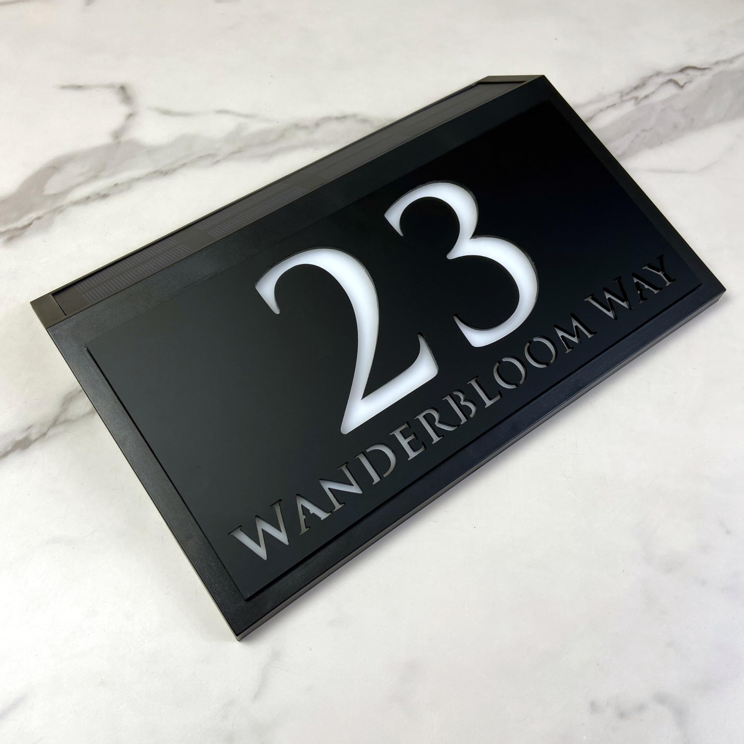 Solar LED House Number Sign - Backlit Illuminated Door Plaque for Wall - Weatherproof Modern House Sign for Outside Use (Style 1)
