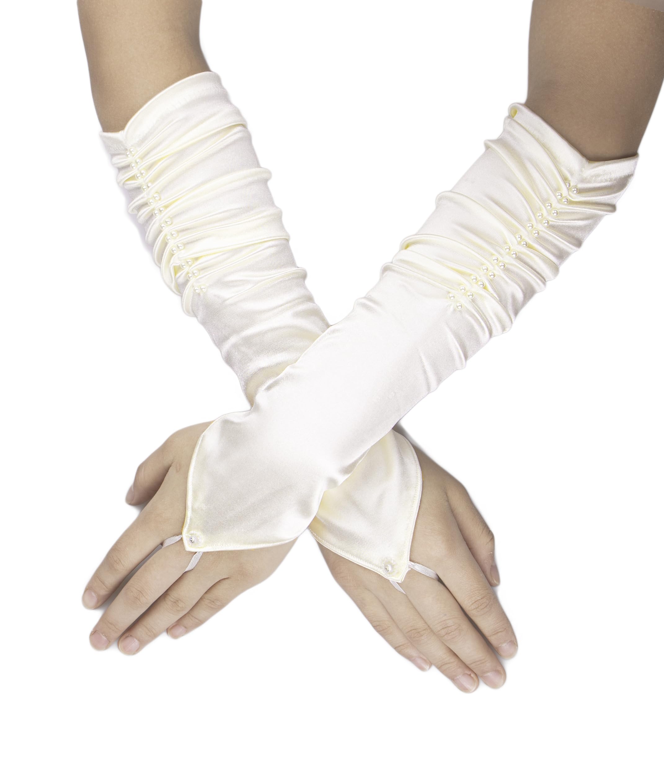 Flora Women's Ivory Satin Bridal Wedding Prom Fingerless Gloves,Pearls (Ivory)