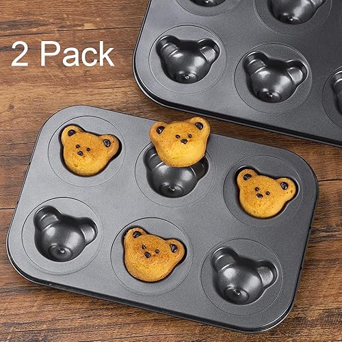 Miniatura 6 de Elesinsoz Paquete de 2 moldes para magdalenas en forma de oso, molde antiadherente de 6 cavidades, mini muffins para decoración de pastel de oso
