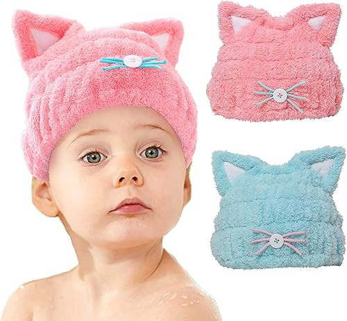 Miniatura 8 de mdoahny Toalla de microfibra para el cabello para niños, niñas o mujeres, paquete de 2 lindas herramientas de baño de pelo de conejo de secado