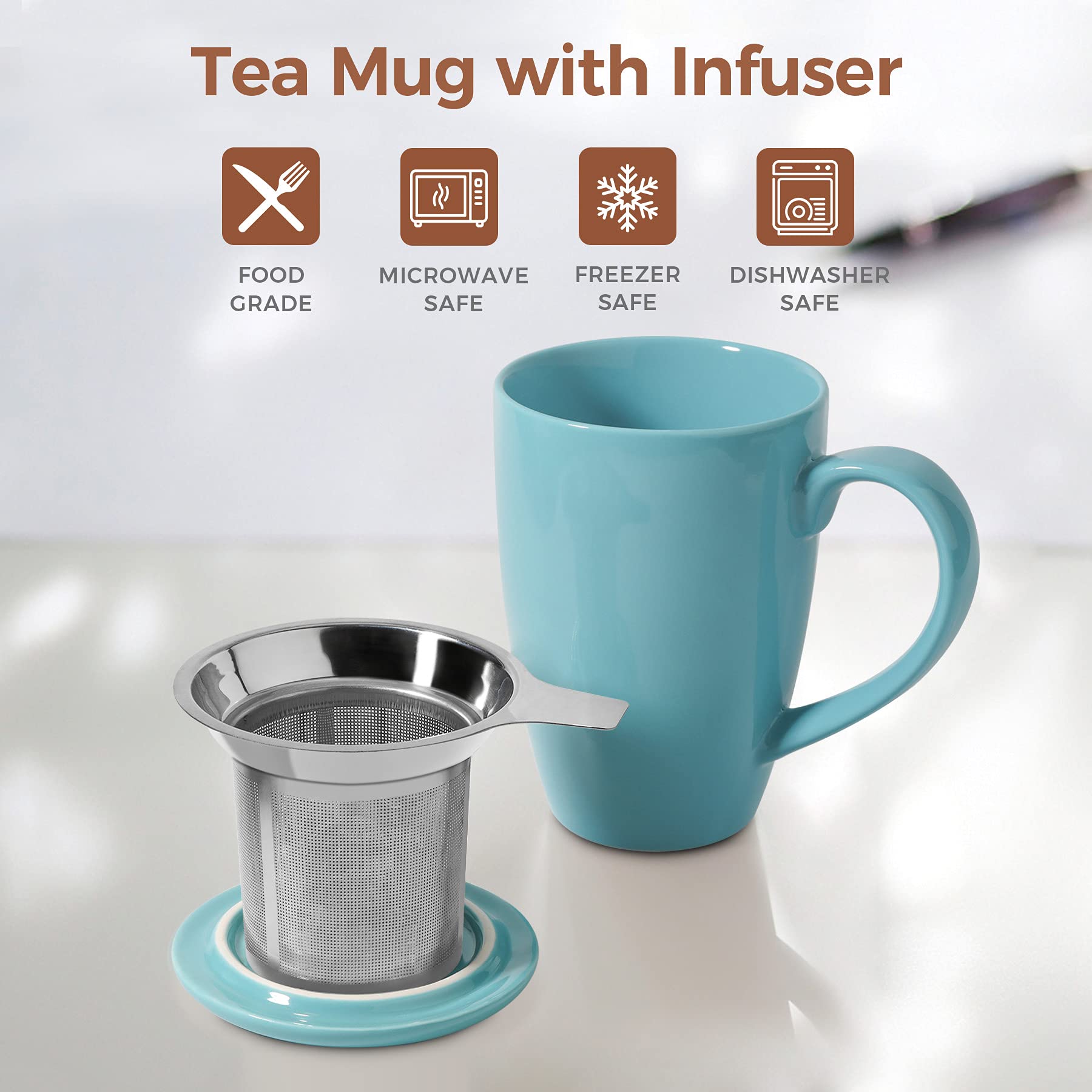 ComSaf Taza de té de cerámica con infusor y tapa, taza de porcelana grande de 16 onzas con filtro de té para hojas sueltas de té/bolsa de té, taza de té para oficina, hogar, azul