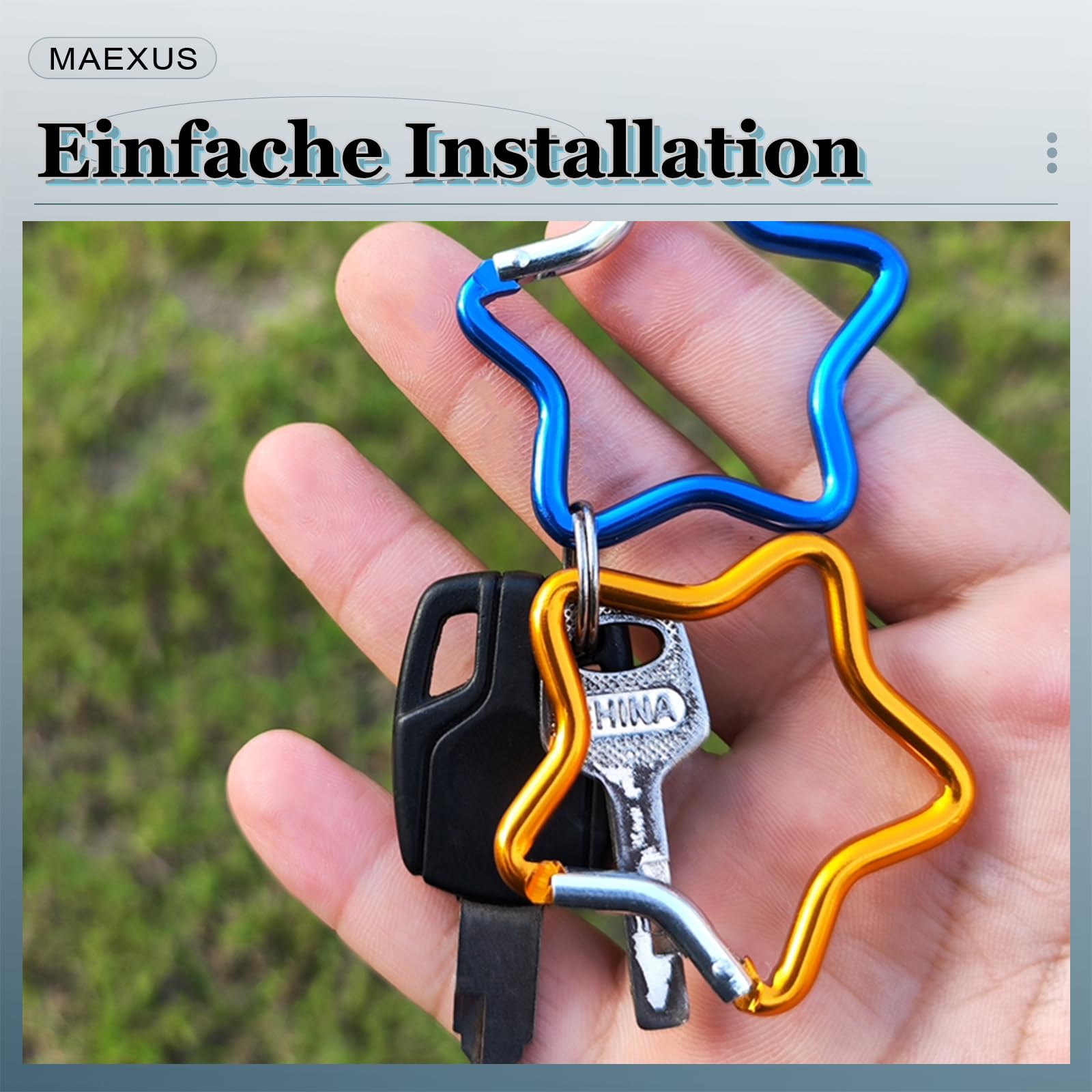 MAEXUS® Karabińczyk, 4 breloczki do kluczy, gwiazdka, karabińczyk, gwiazdka, karabinek nożycowy, 48,5 mm, aluminiowy plecak, sprzączki bezpieczeństwa, gwiazda Carabiner do aktywności na świeżym
