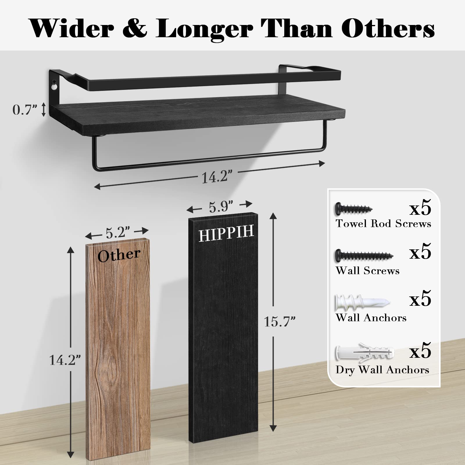 Black Floating Shelves for Wall Set of 2, HIPPIH Rustic Cedar Wood