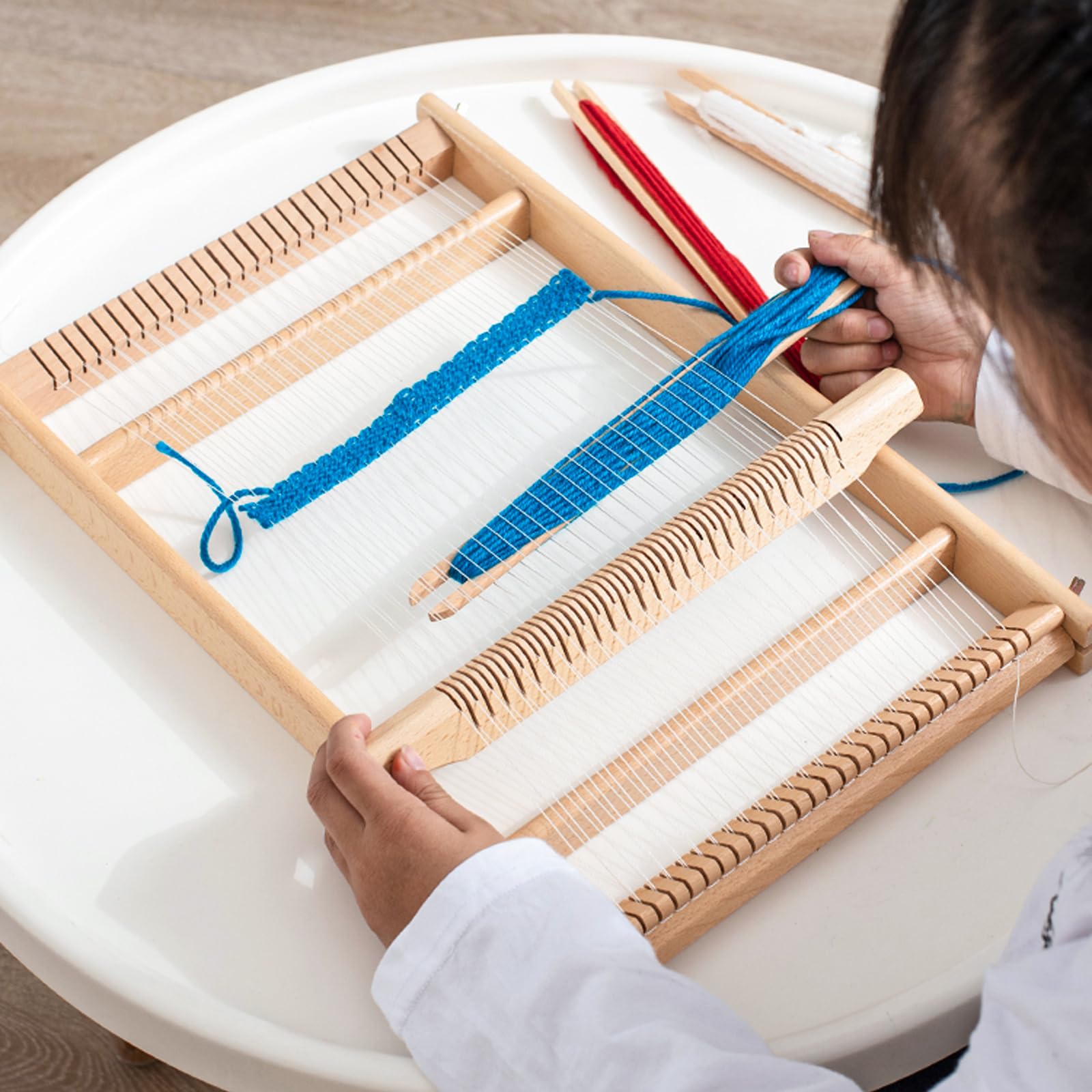 FEIGO Telaio per Tessitura in Legno,Telaio per Lana Grande a Mano,39 x 26 cm Set da maglia per bambini,Pettine di legno, Navetta, per Principianti (Kit per maglieria per bambini)