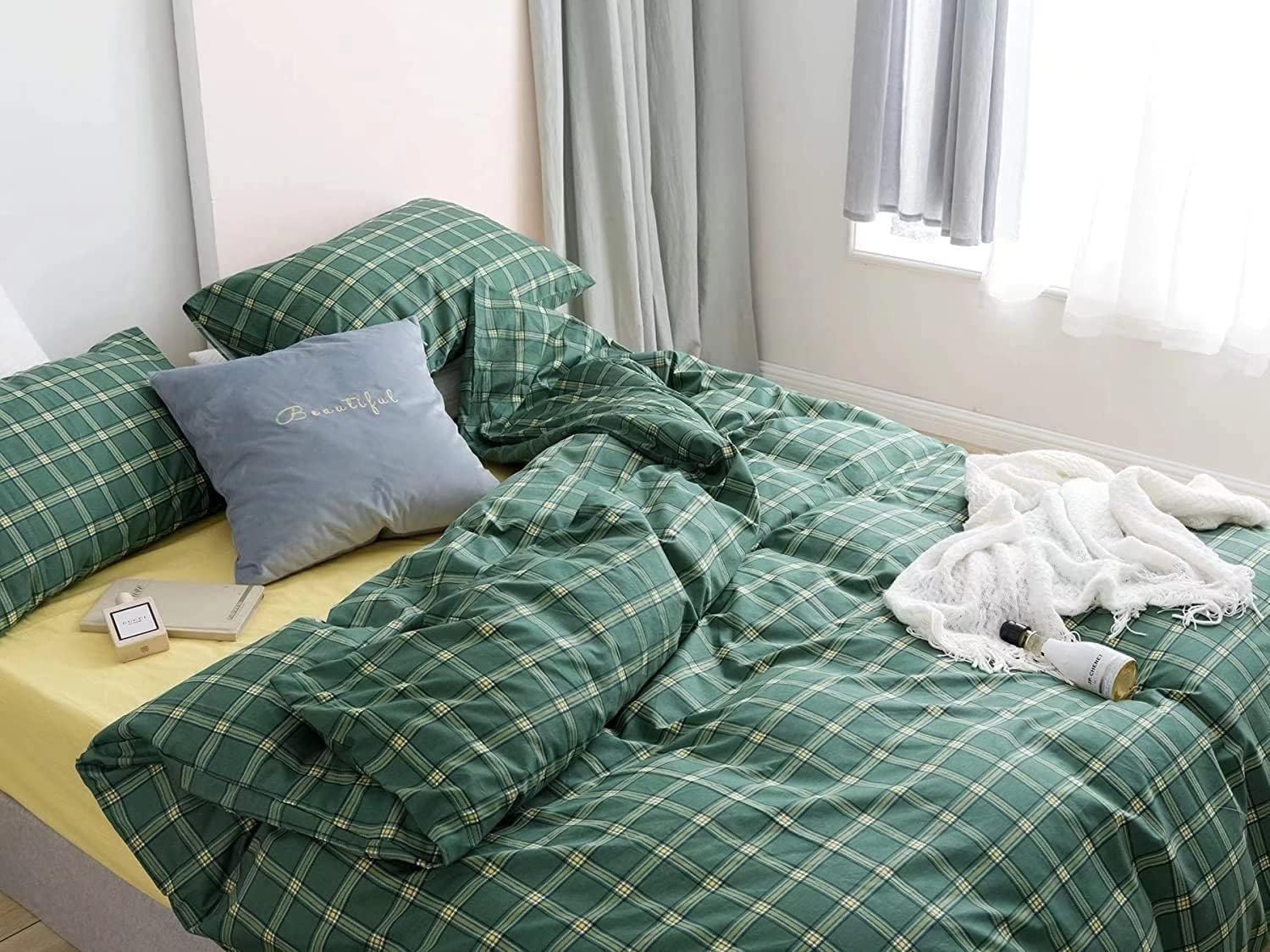 Houseri Plaid Comforter Set - Full Size Green Grid Bedding with Buffalo Checkered Comforter - Emerald and Jade Green Bedding Set - Teen Boys and Girls Quilt