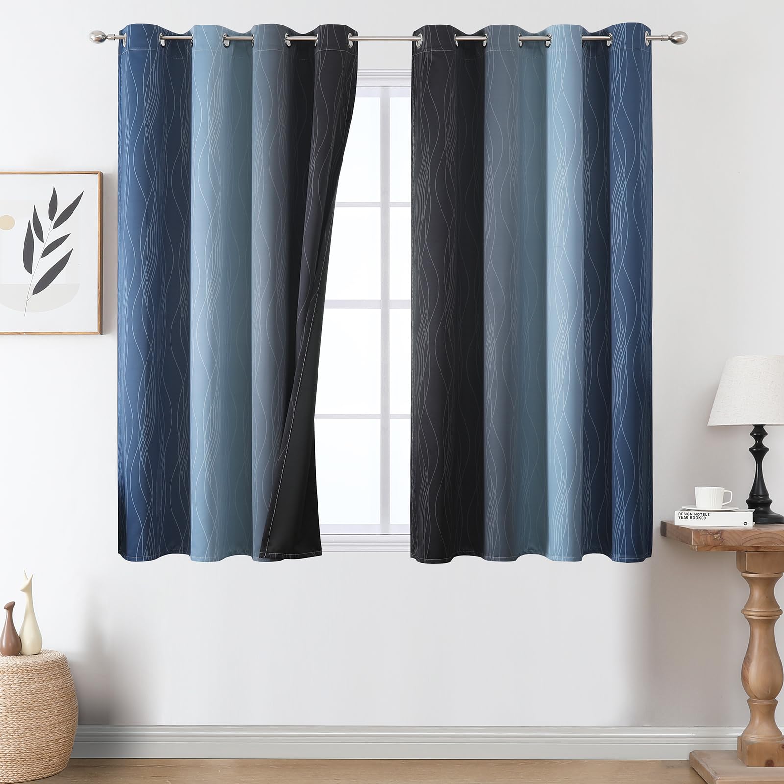 Verdunkelungsvorhänge & Vorhänge für Schlafzimmer, Ombré-Energiesparende Thermovorhänge, Wellenverlauf, geräuschreduzierend, Ösenvorhang für kleines Fenster, B 132 x L 137 cm, Marineblau und