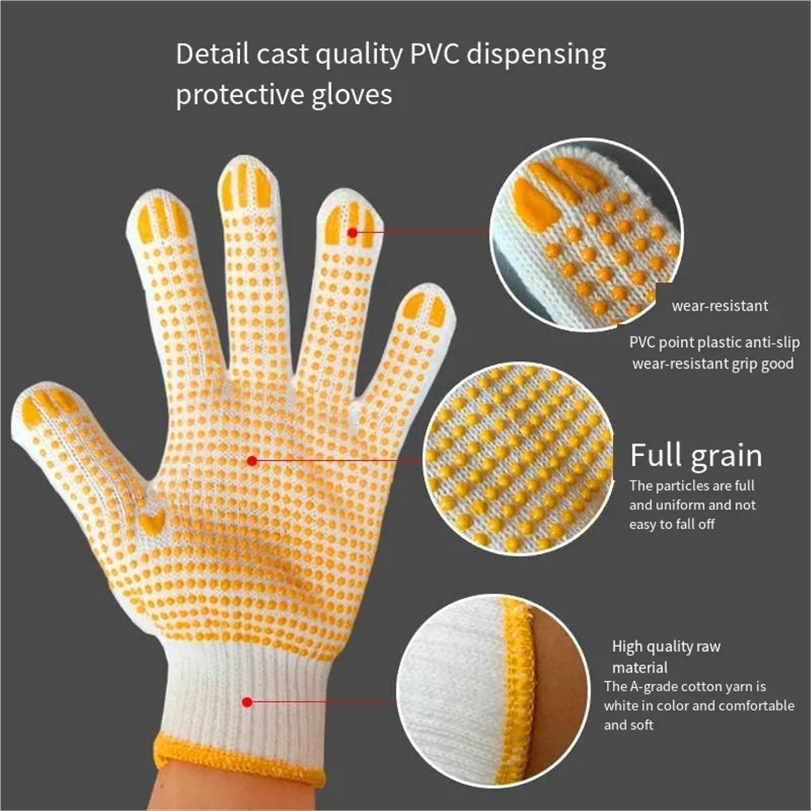 Guantes De Trabajo Antideslizantes 12 pares de guantes trabajo seguridad tejidos poliéster y algodón con puntos for almacén mecánico pintor(YELLOW)