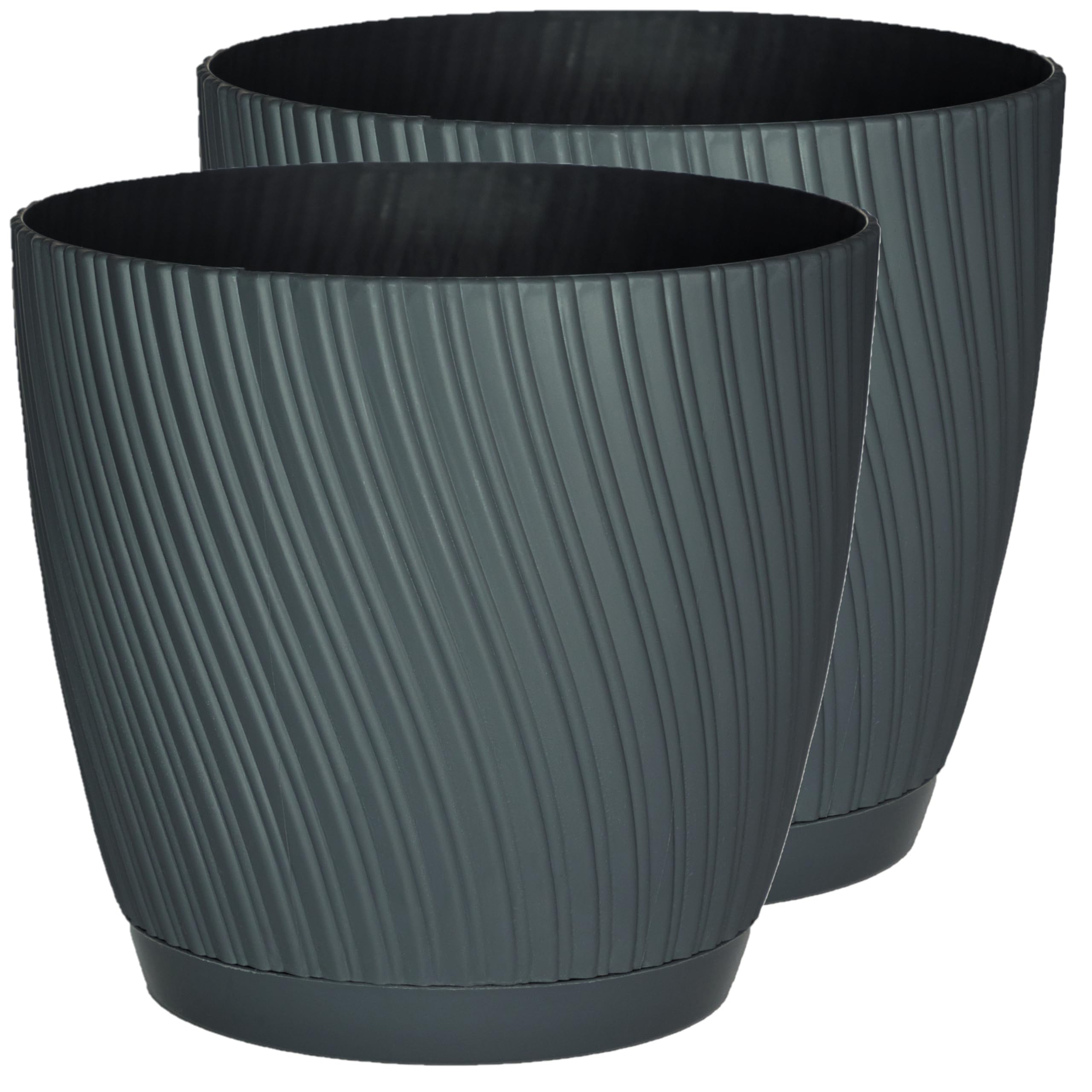Home Garden Ornaments Plant Pots Indoor – Set of 2 with Drainage & Saucer Swing Indoor Plant Pot – Decorative Striped Flower Plastic Planter Design – 5 Colours & 6 Sizes (15cm / 5.9 inch Anthracite)