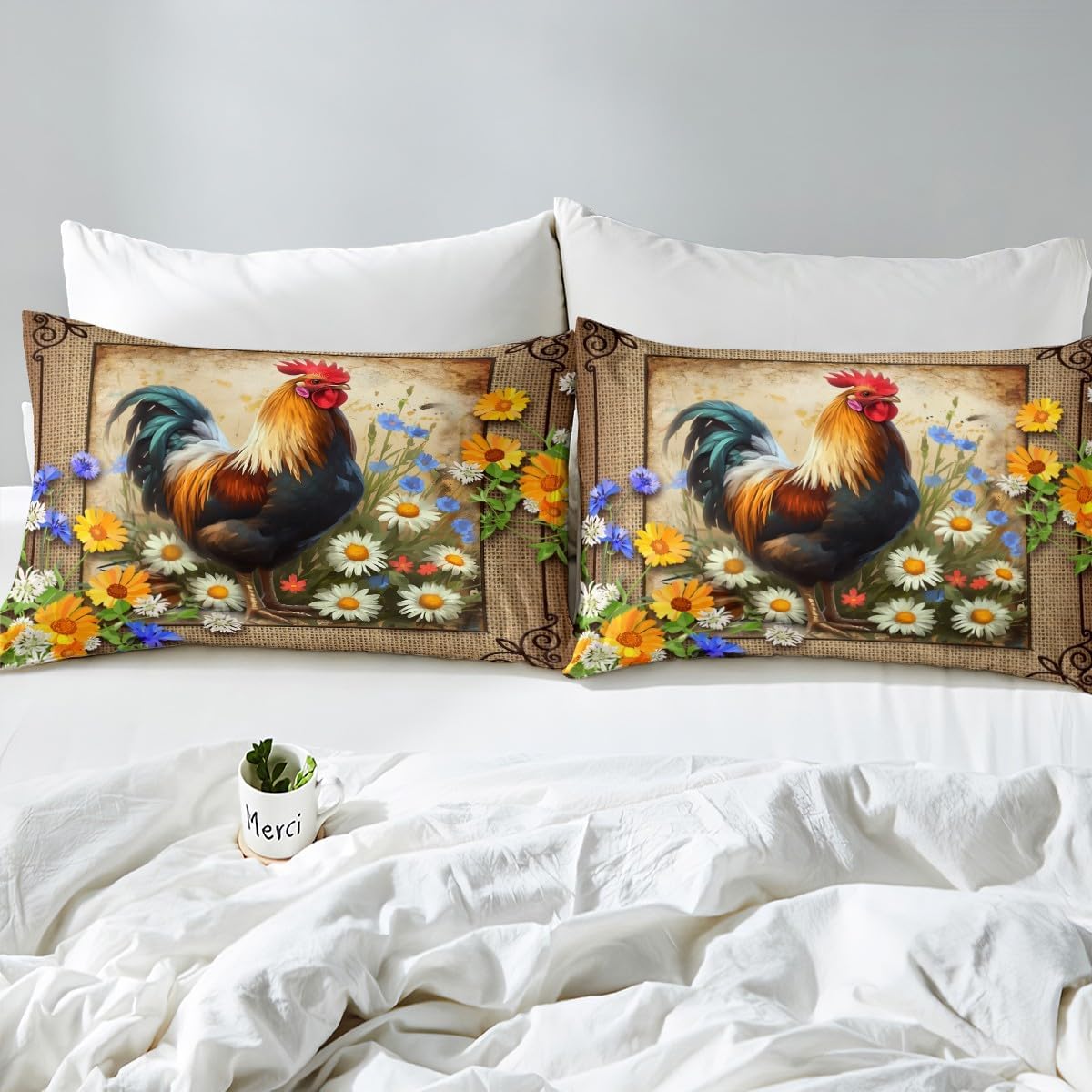 Manfei Watercolor Rooster Bed Sheet Set Queen Size Farmhouse Style Rustic Livestock Bedding Set for Bedroom Sunflower Groovy Daisy Bedding (1 Fitted,1 Flat,2 Pillowcases) Microfiber Fitted Sheet