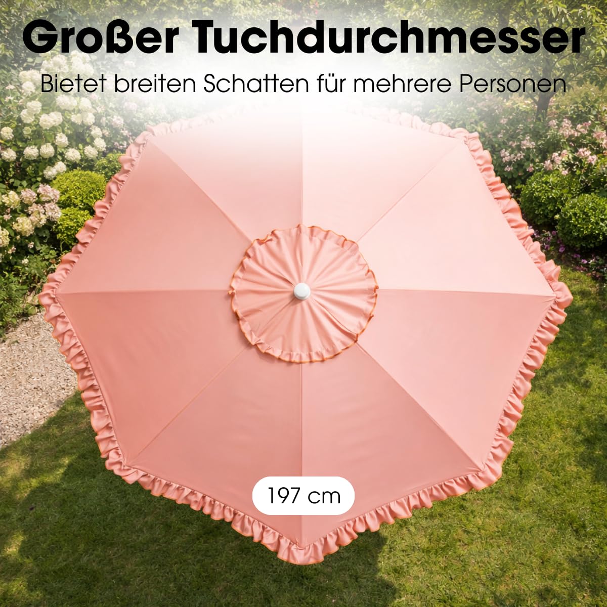 Mica Decoration Neigbarer Sonnenschirm mit Rüschen - Stockschirm 238 x Ø195 cm - Garten oder Balkon Sonnenschutz - Polyester, Stahl - Pfirsich