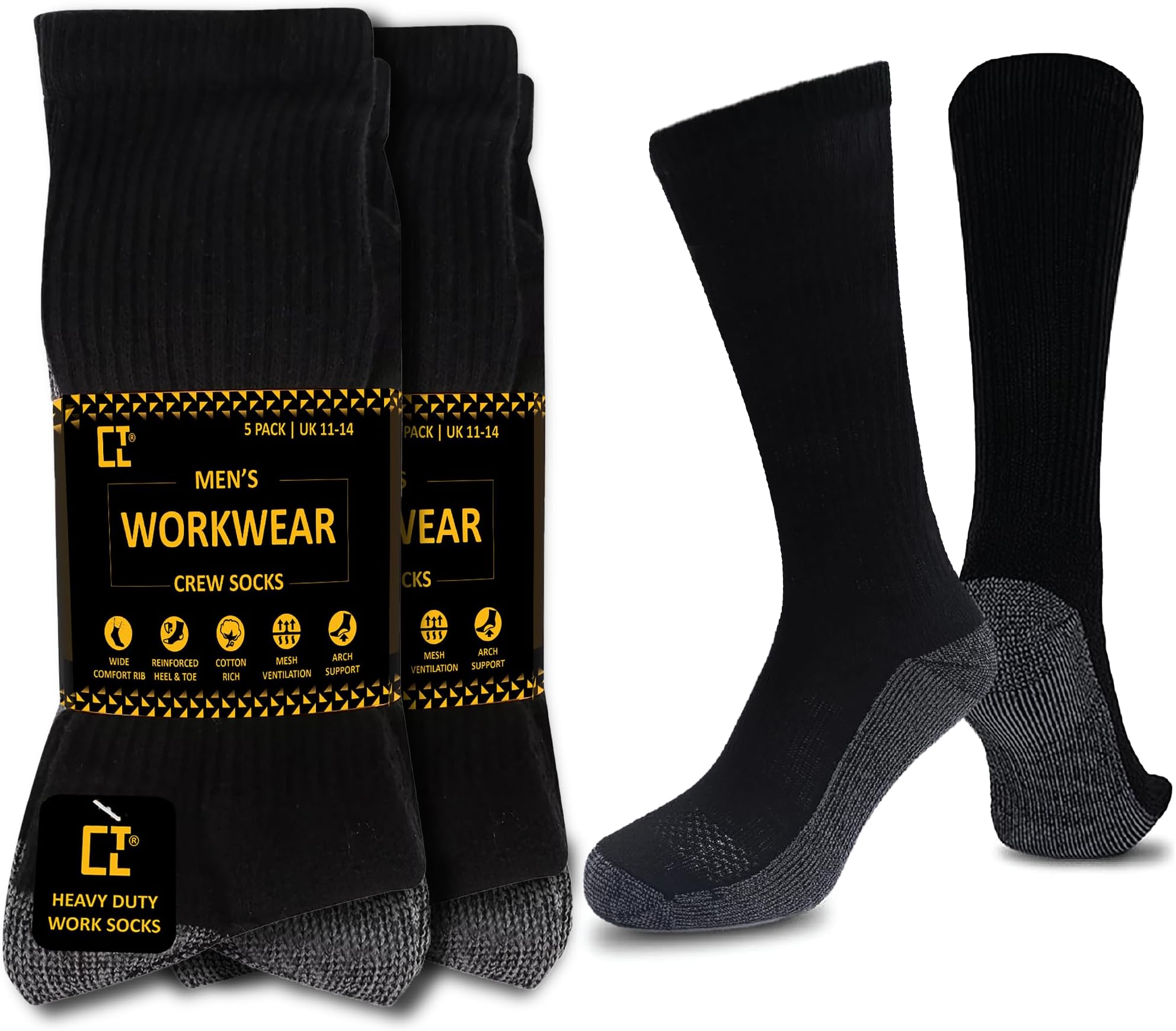 CTL® 10 Pairs Men's Big Foot Work Socks UK Size 11-14 Pack of Long Boot Full Cushion Force Performance With Reinforced Heel & Toe For All Seasons Black