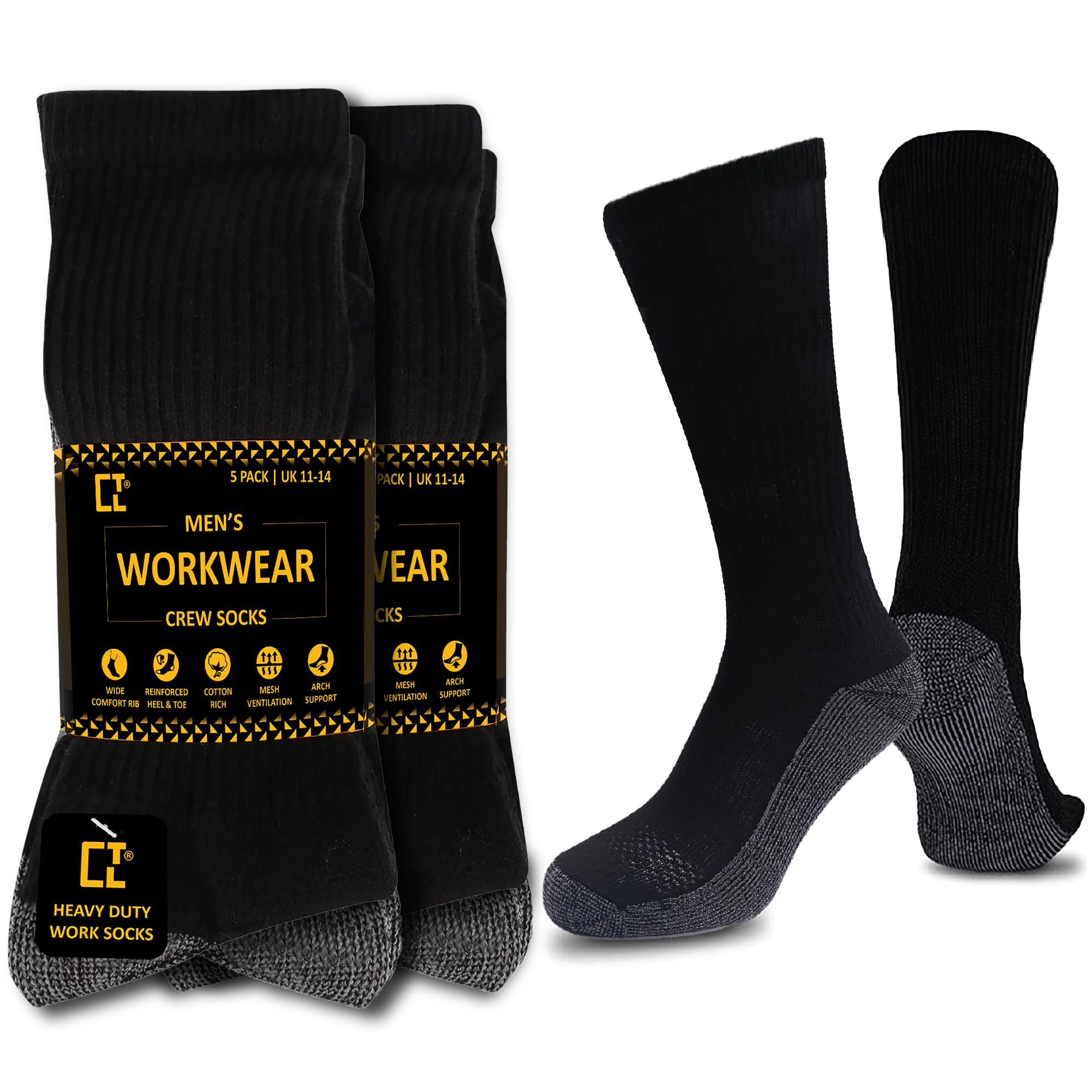 CTL® 10 Pairs Men's Big Foot Work Socks UK Size 11-14 Pack of Long Boot Full Cushion Force Performance With Reinforced Heel & Toe For All Seasons Black