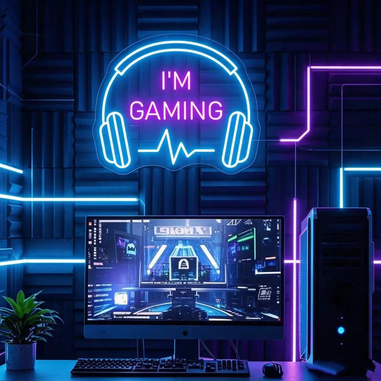 'I'm Gaming' neonowy znak ściemnialny LED słuchawki neonowe światło zasilany przez USB zestaw słuchawkowy kształt dekoracja ścienna pokój zabaw sypialnia męska jaskinia chłopcy nastolatek strefa gier