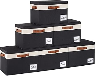 GhvyenntteS Extra Large Storage Bins with Lids, Foldable Fabric Storage Boxes with Lids and 3 Leather Handles, Storage Baskets with Label Window (6 Pack, Black, 15.75" x 11.8" x 10.2")
