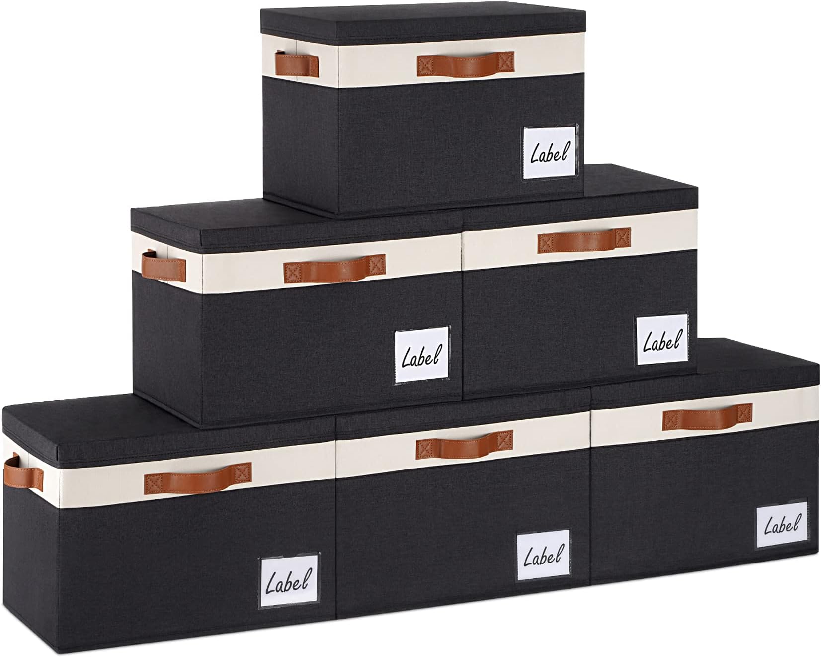GhvyenntteS Extra Large Storage Bins with Lids, Foldable Fabric Storage Boxes with Lids and 3 Leather Handles, Storage Baskets with Label Window (6 Pack, Black, 15.75" x 11.8" x 10.2")