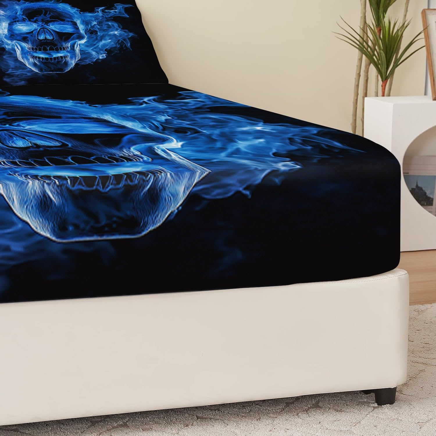 Lenzuolo con angoli Blu Lenzuolo con angoli in microfibra per 160 x 200 cmTeschio fiammeggiante in stile gotico Decorazione per la stanza in microfibra per ragazzi e ragazze