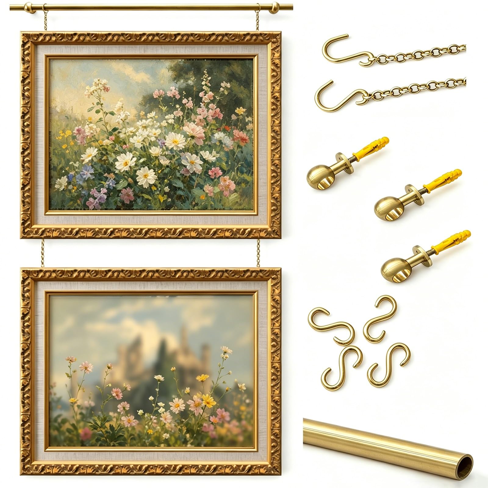 Sganchos para Colgar Cuadros de Latón, Colgar Cuadros Kit de Rieles, Incluye Cadenas, Ganchos y Accesorios. Apto para Entornos Domésticos, Oficinas y Museos(1.3m/51in)