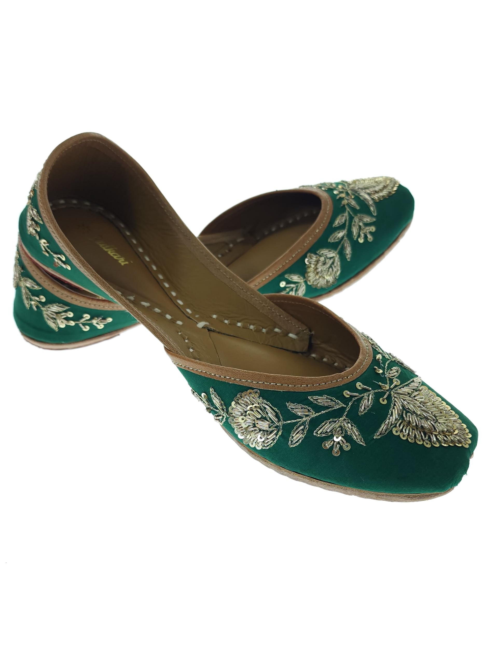 Women Mist Green Gold Genuine Soft Leather Embroidered Jutis | Bite and Pinch Free Jutti | Punjabi Formal Juttis | Girl's Wedding Flat Ladies Mojari | Formal Ethnic Juti |-image-13