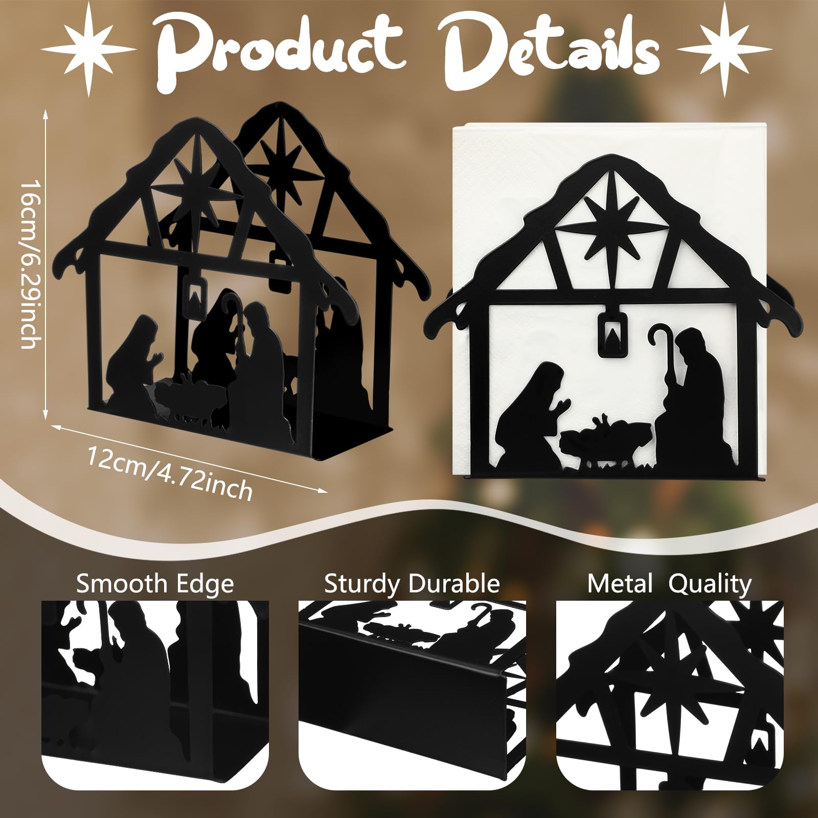 Nuogo Christmas Napkin Holder for Tables Nativity Metal Cocktail Napkin Holder Black Napkin Holders for Paper Napkins Vintage Tissue Paper Dispenser for Storage Farmhouse Restaurant Kitchen Party