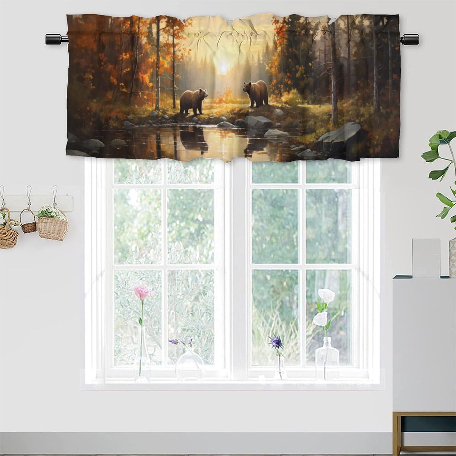 Dabuniu Rustic Cabin Bear Kitchen Valance Curtain Rod Pocket Woodland Hunting Country Wildlife Animals Window Valance for Bedroom Bathroom Living Room