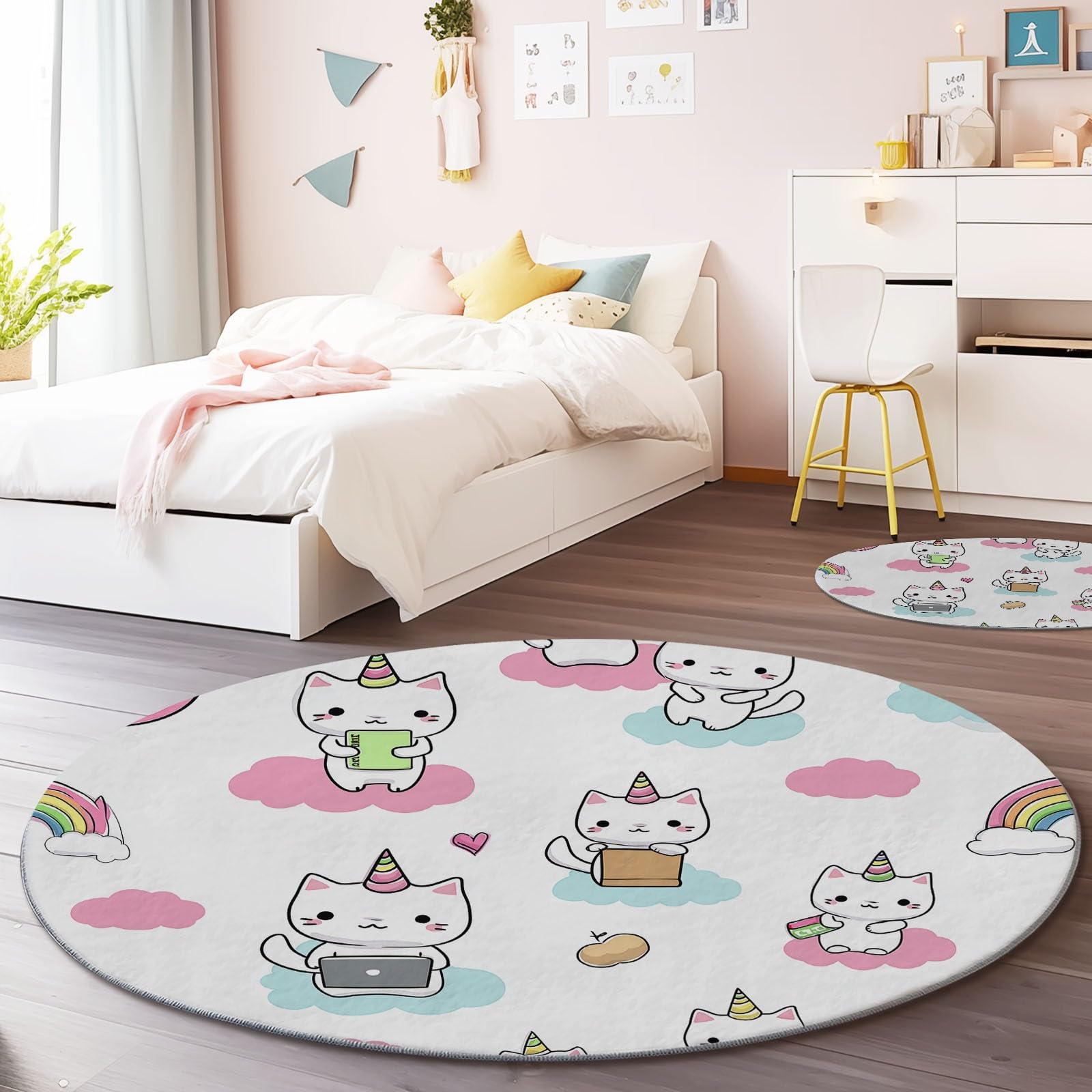 Genérico Alfombra Redonda de Patrón De Unicornio, 120 cm, Estilo Lindo De Dibujos Animados Lavable Grande Redonda, Antideslizante Suave Ultrafina para Dormitorio, Habitación Infantil Cocina, Blanco