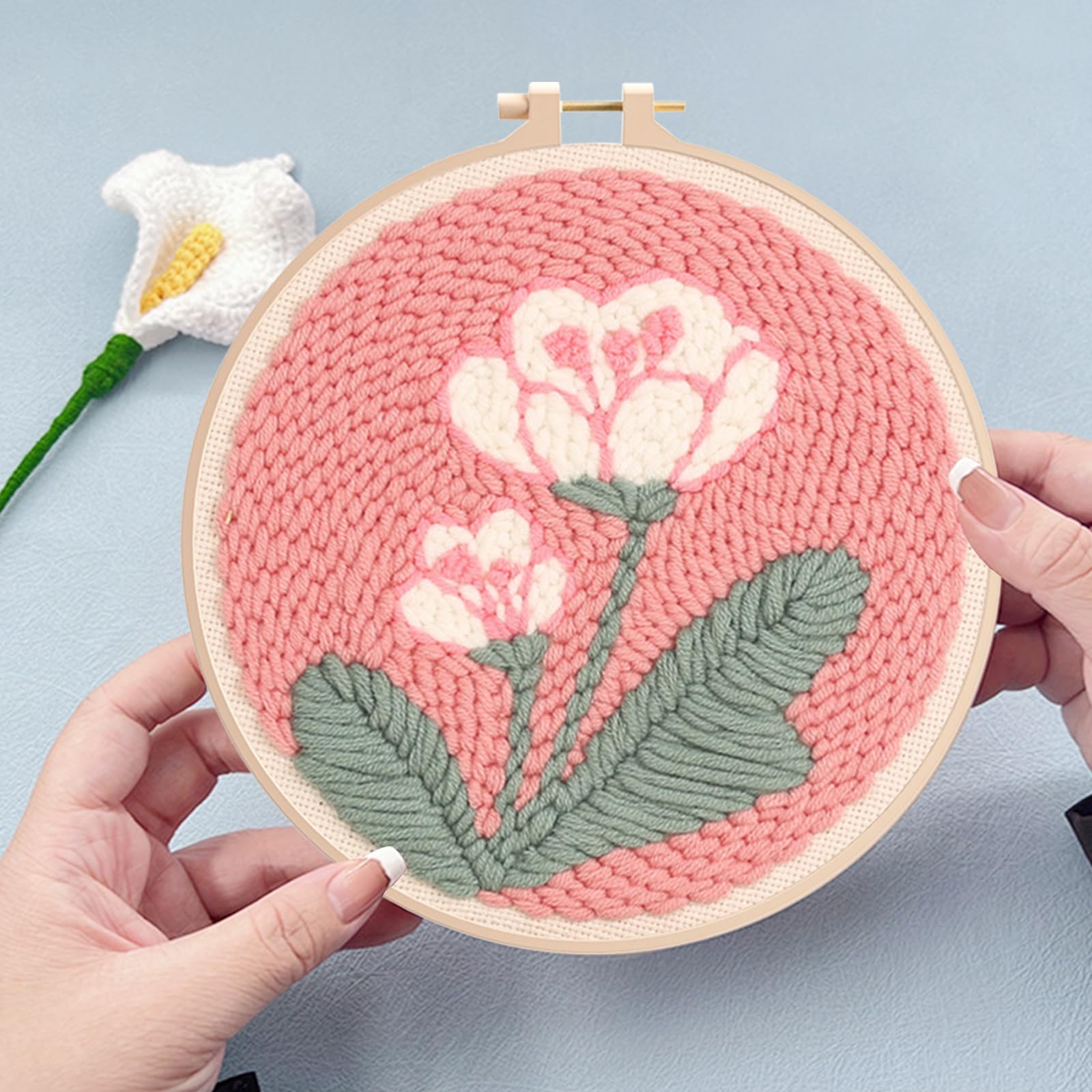 Woohome 3 Stück Punch Needle Anfänger Stickerei Set, Punch Needle Stoff mit Muster, Stickrahmen, Fäden, Anleitung für Kunsthandwerk (Wale, Blumen, Vogel)