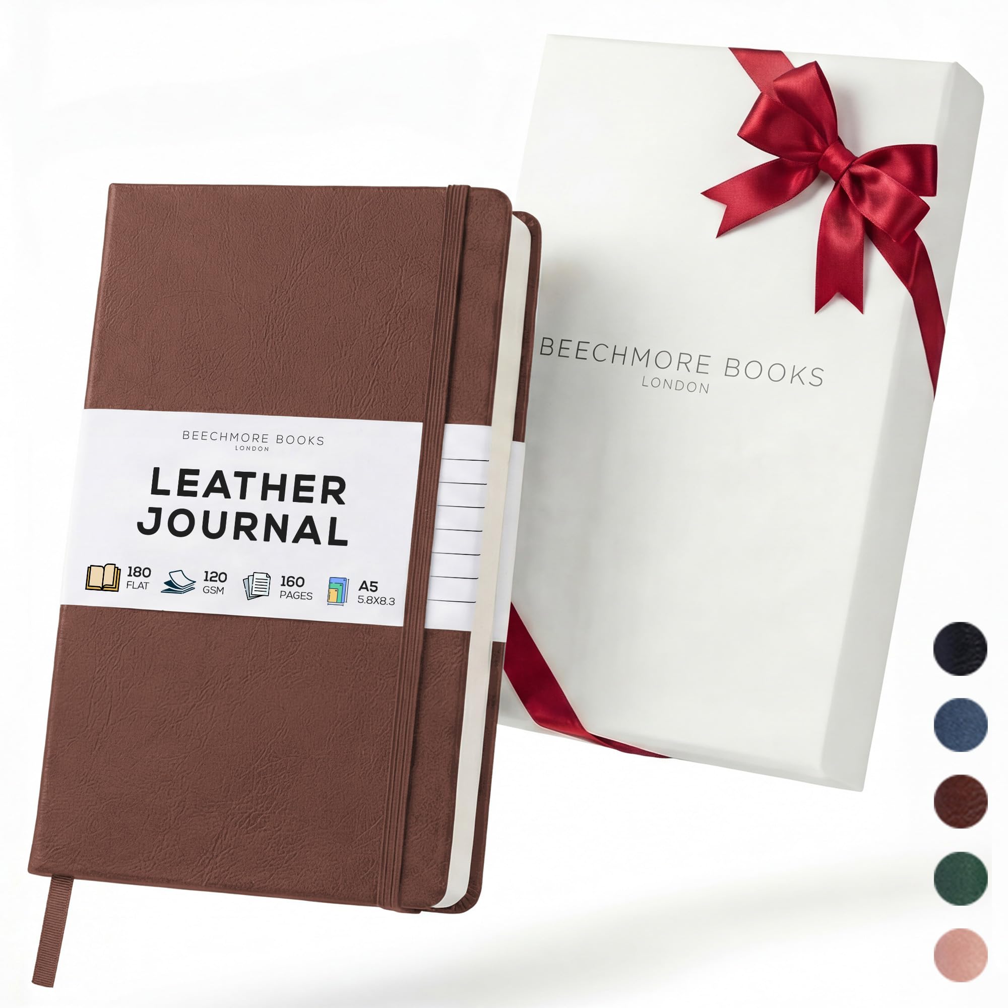 BEECHMORE BOOKS Lined Journal Notebook, 5.8 x 8.3 inch, A5 160 Lined Pages, Hardcover Leather Journals for Women, Men, Writing and Notebooks for Work - 120 GSM Thick Paper, Gifts Box Included (Chestnut Brown)