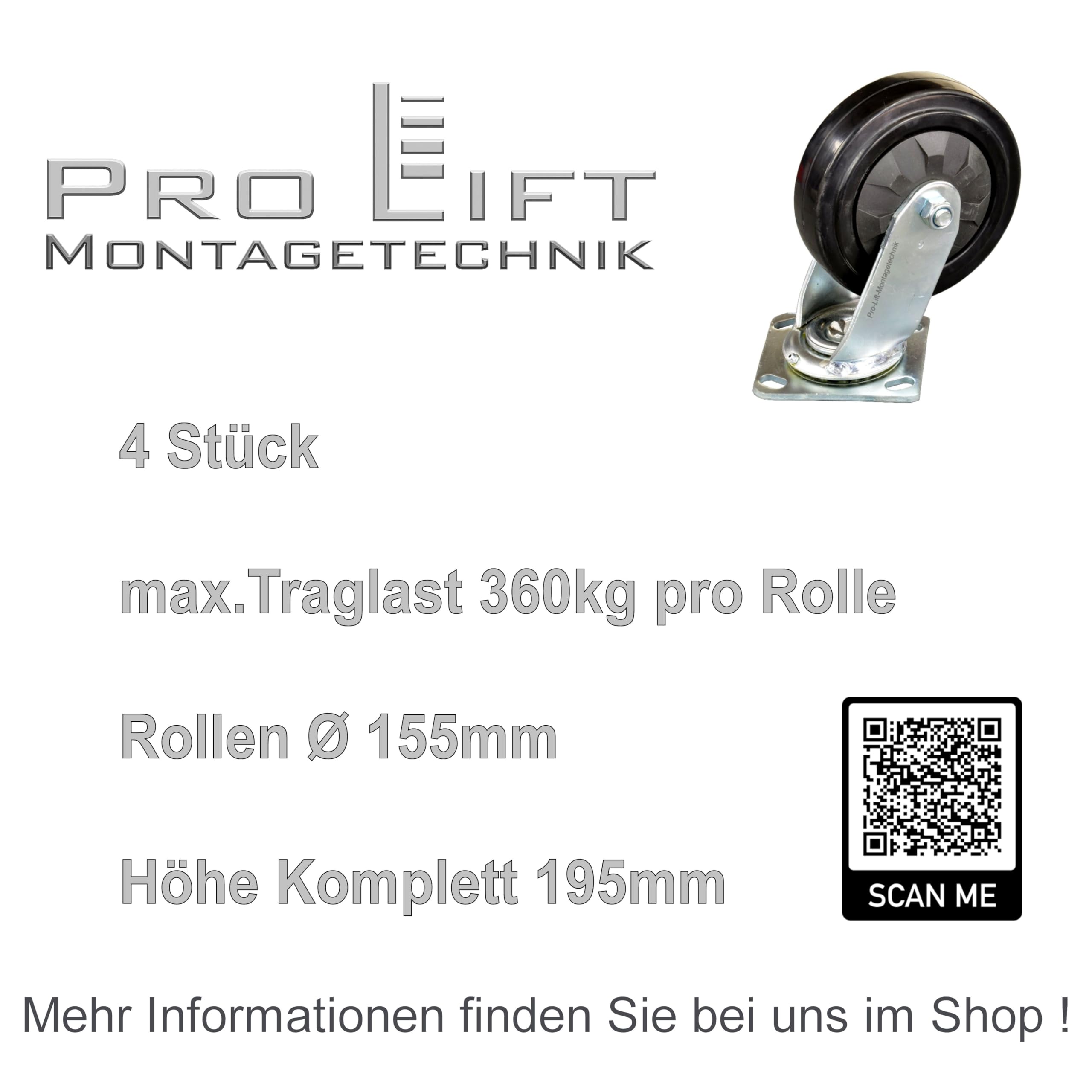 4 Stück: je 360kg Lenkrollen, Gummi-Rollenbelag, 01666
