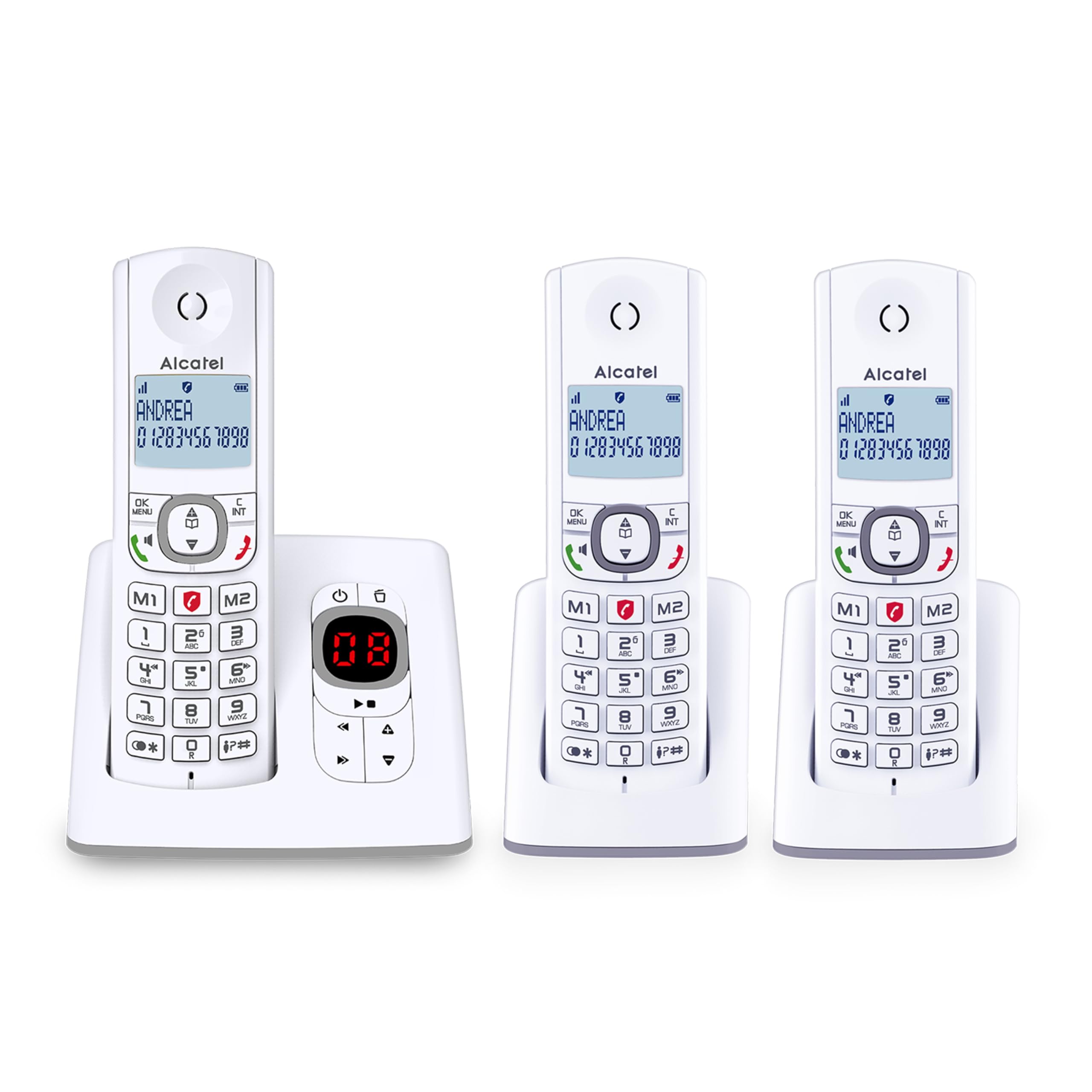ALCATEL F530 Voice Trio - Telefono fisso cordless DECT con segreteria - Grande display - Vivavoce - Funzione blocco chiamate - 2 tasti di memoria diretta - 3 portatili - Bianco/Grigio