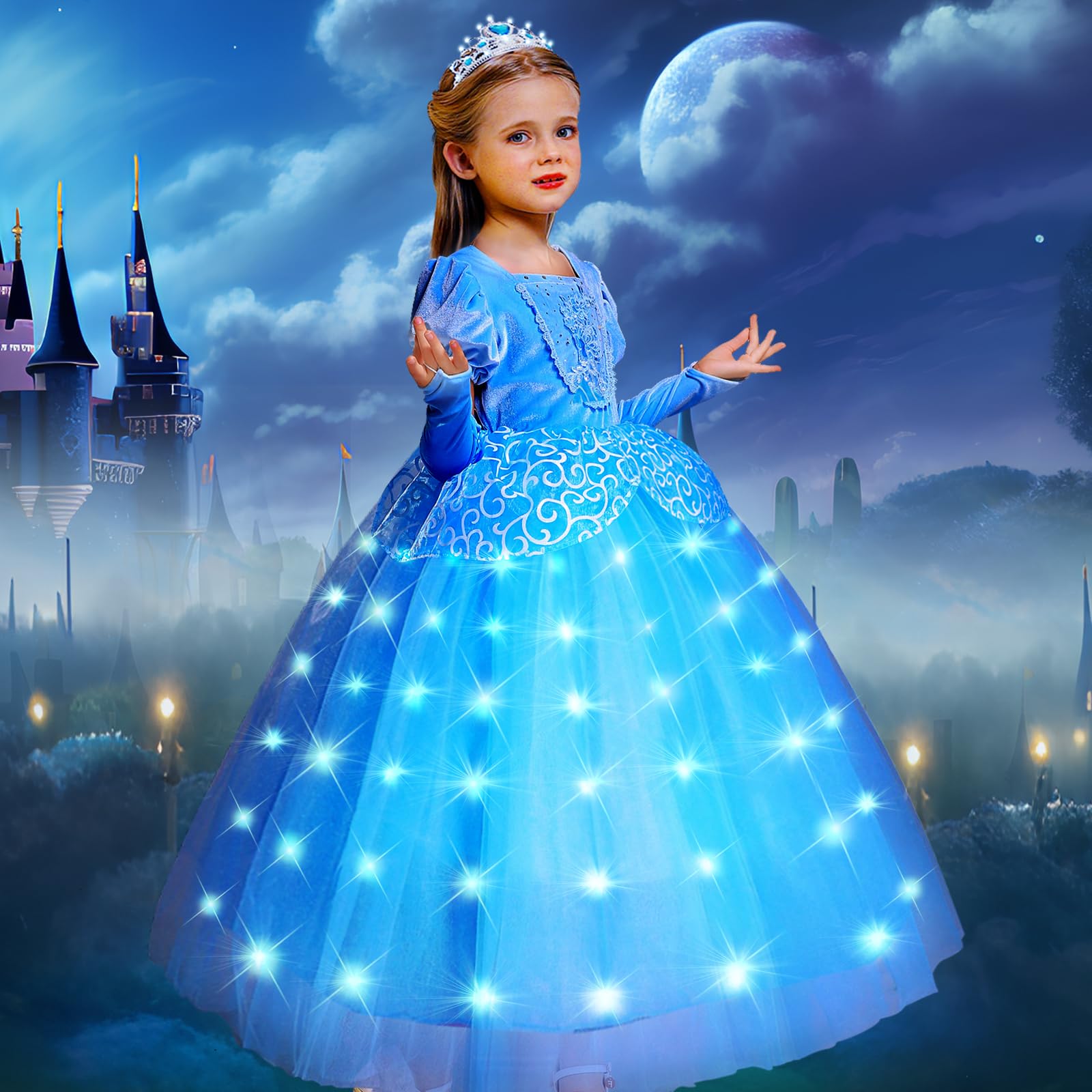 VIPten Light Up Princess Dress Girls Toddler Blue Princess Costume Children's Halloween Cosplay Princess Dress (Blue, 3-4 Years)