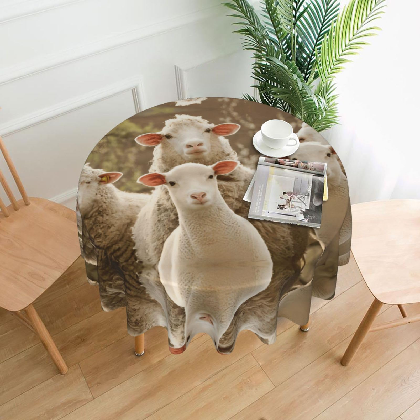 WHJSSF Sheep And Lambs Prints Round Decorative Table Throw 60 Inch – Waterproof Table Cover for Dining, Coffee Tables, and Outdoor Events