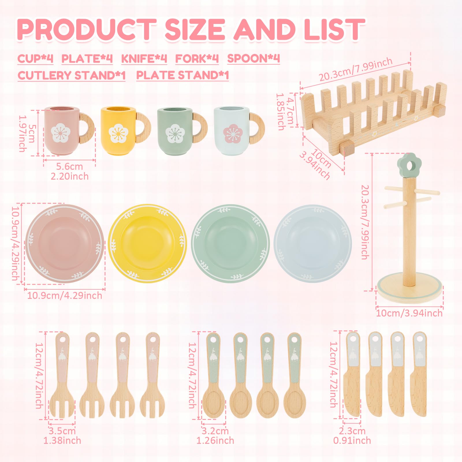 Set Stoviglie Cucina Bambini, Giochi Cucina Legno, Pentole E Piastra, 4 Piatti, 4 Tazze, 4 Coltelli, 4 Forchette, 4 Cucchiai, Supporto, Adatto A Ragazzi E Ragazze, Età 3/4/5 Anni