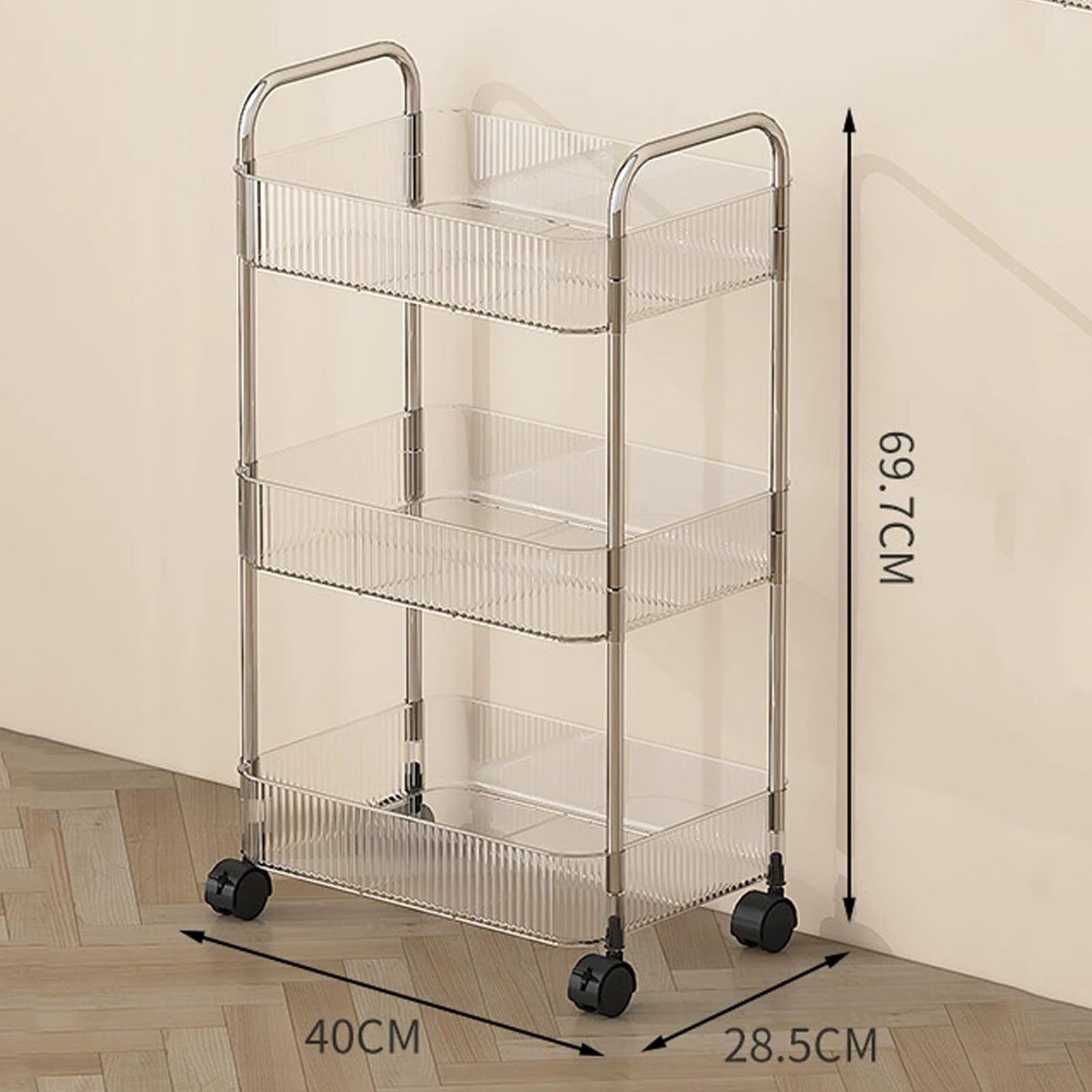Carrello portaoggetti in acrilico trasparente con ruote, carrello multiuso a 3 livelli e cestino sospeso, per cucina e bagno, ripiani mobili versatili