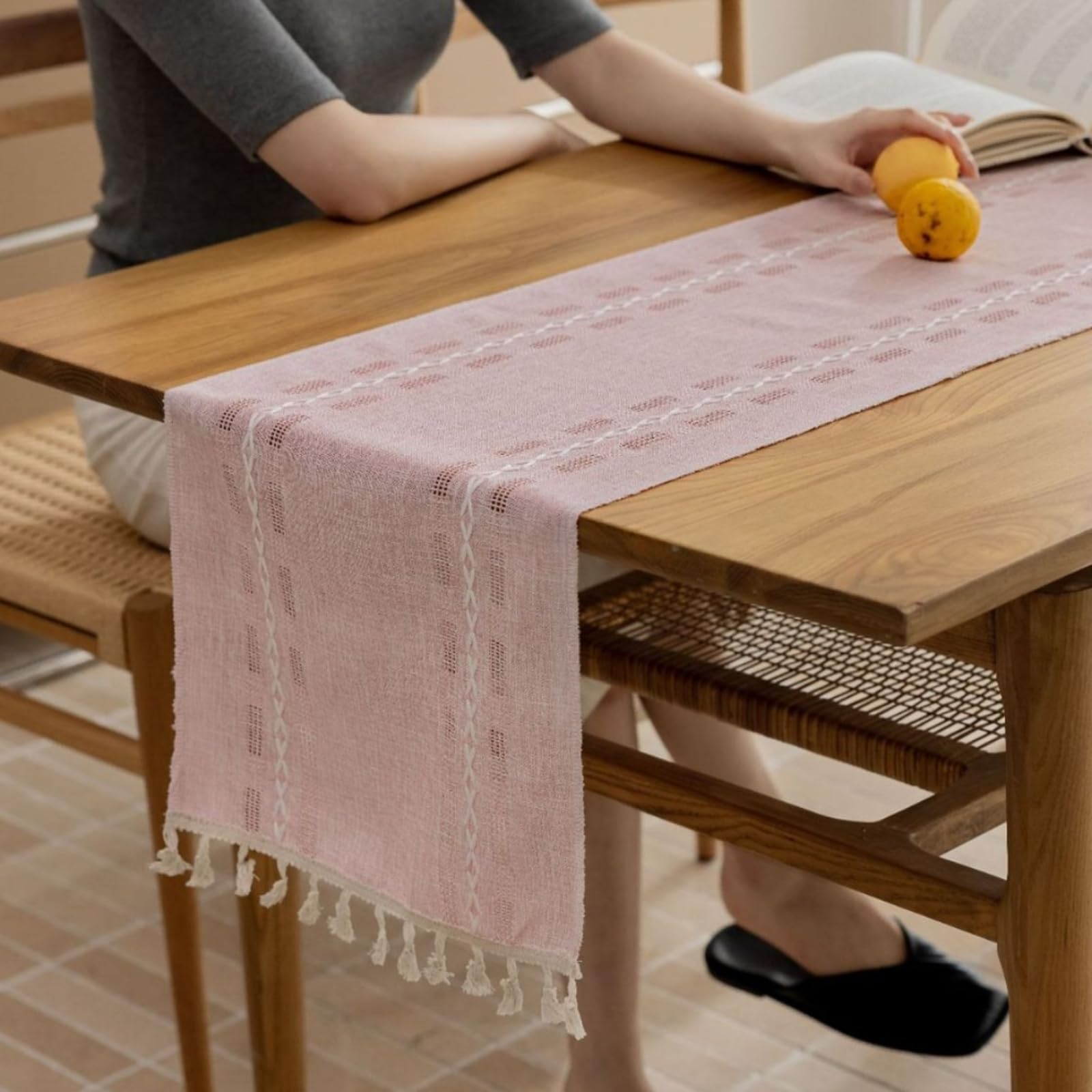 Tischläufer Hochzeit Polybaumwolle, Tischläufer Wohnzimmer 33x240 cm, Dünner Rosa Leinenoptik mit Quasten
