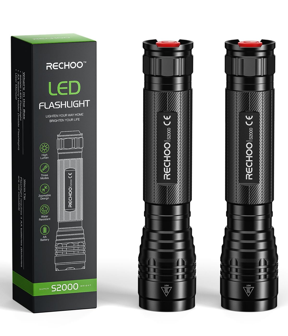 RECHOO Flashlights High Lumens 2 Pack, Super Bright 2000 Lumens Flash Light with 3 Modes, Zoomable, Water Resistant Led Flashlights for Home, Emergency, Camping, Hiking
