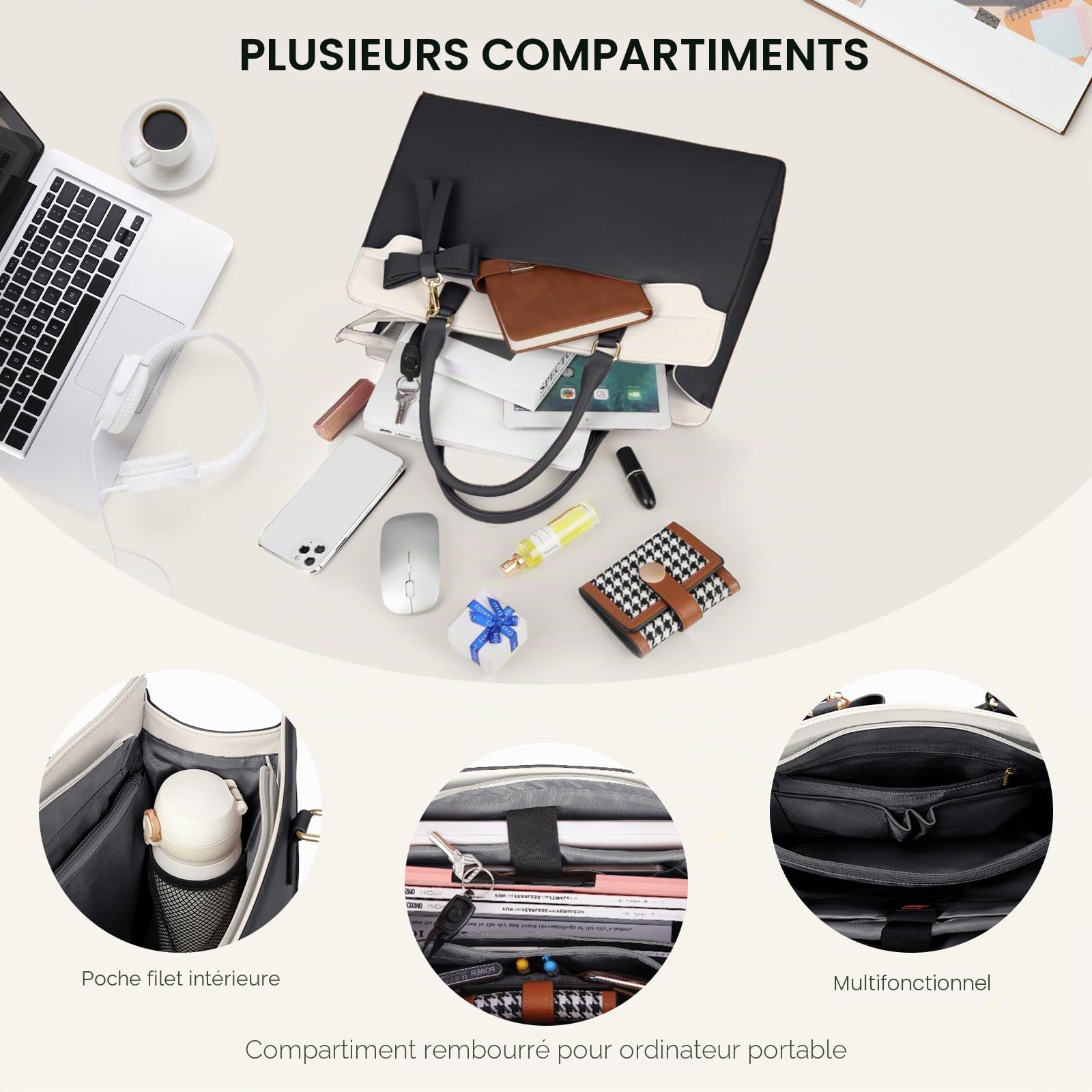 RAINSMORE Sac Cabas Femme Sac a Main Grande Capacité PU Cuir Sacs de Cours Ordinateur Portable 15,6 Pouces Imperméable 2 Pièces pour Voyage Affaires Travail